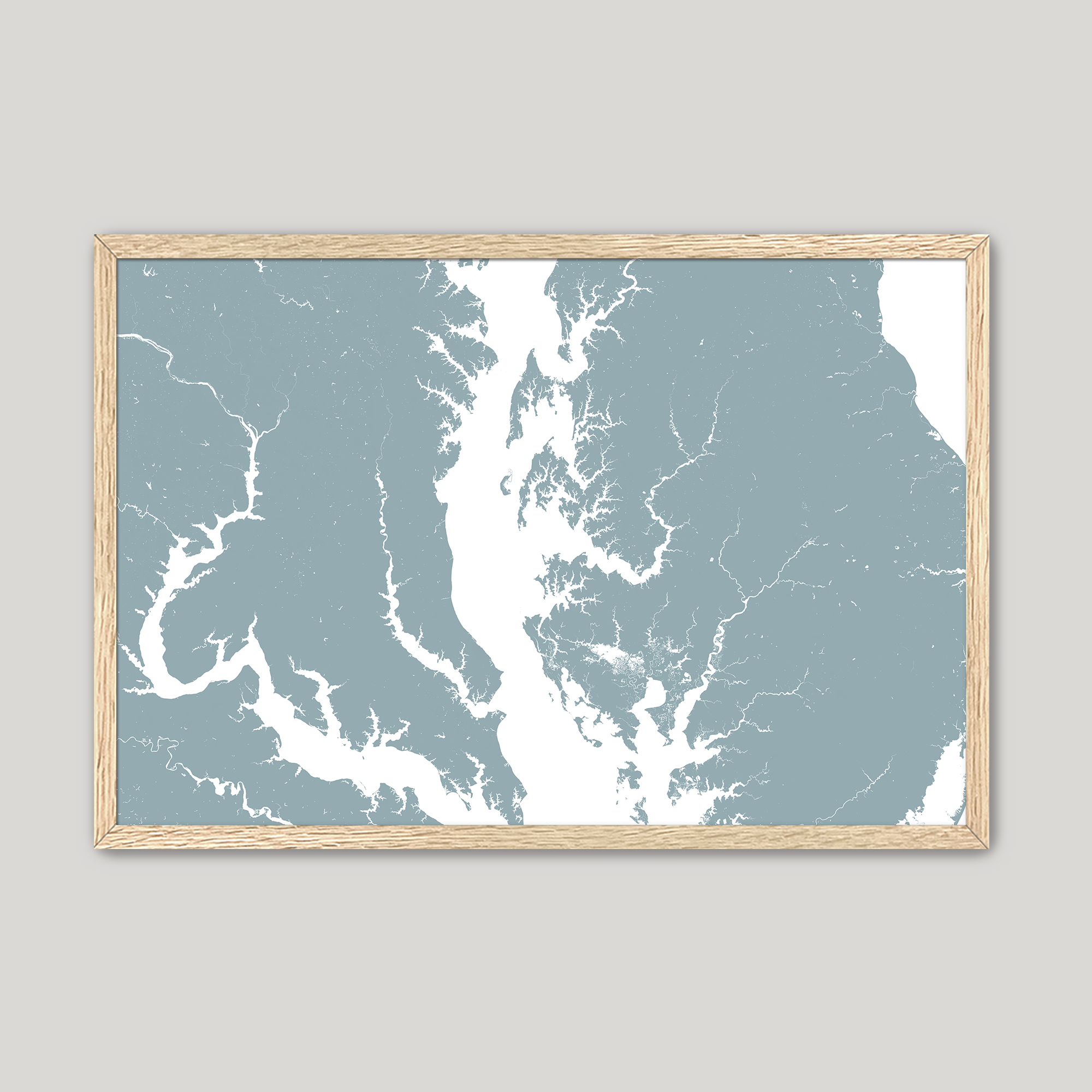 Chesapeake Bay / Maryland Coastal Map — Fine Art Print Horizontal, soft-blue, Oak, 10x8