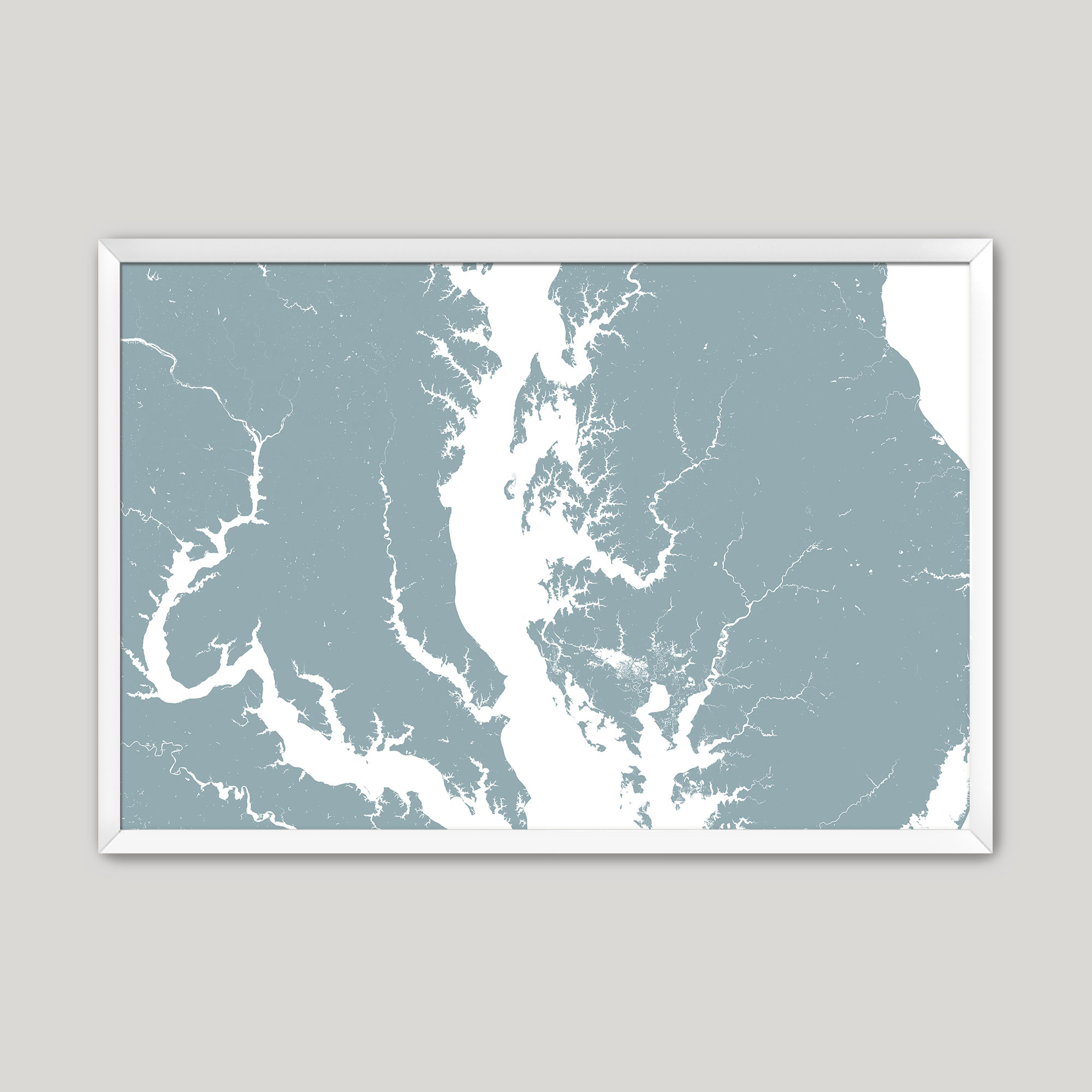 Chesapeake Bay / Maryland Coastal Map — Fine Art Print Horizontal, soft-blue, White Frame, 10x8