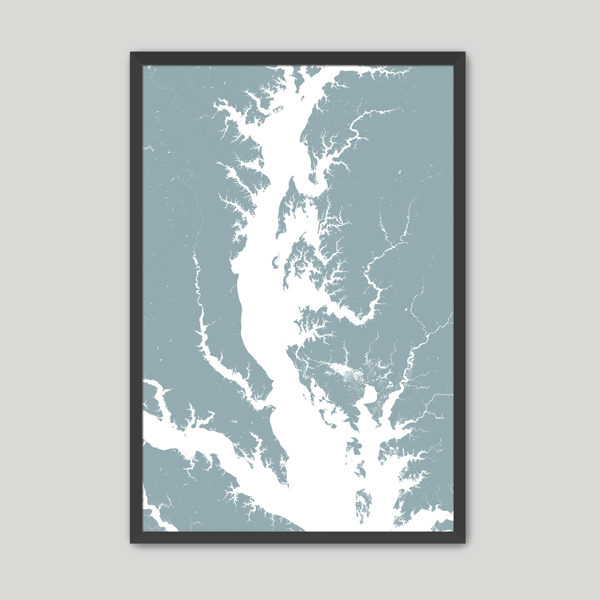 Chesapeake Bay / Maryland Coastal Map — Fine Art Print Vertical, soft-blue, Black Frame, 8x10