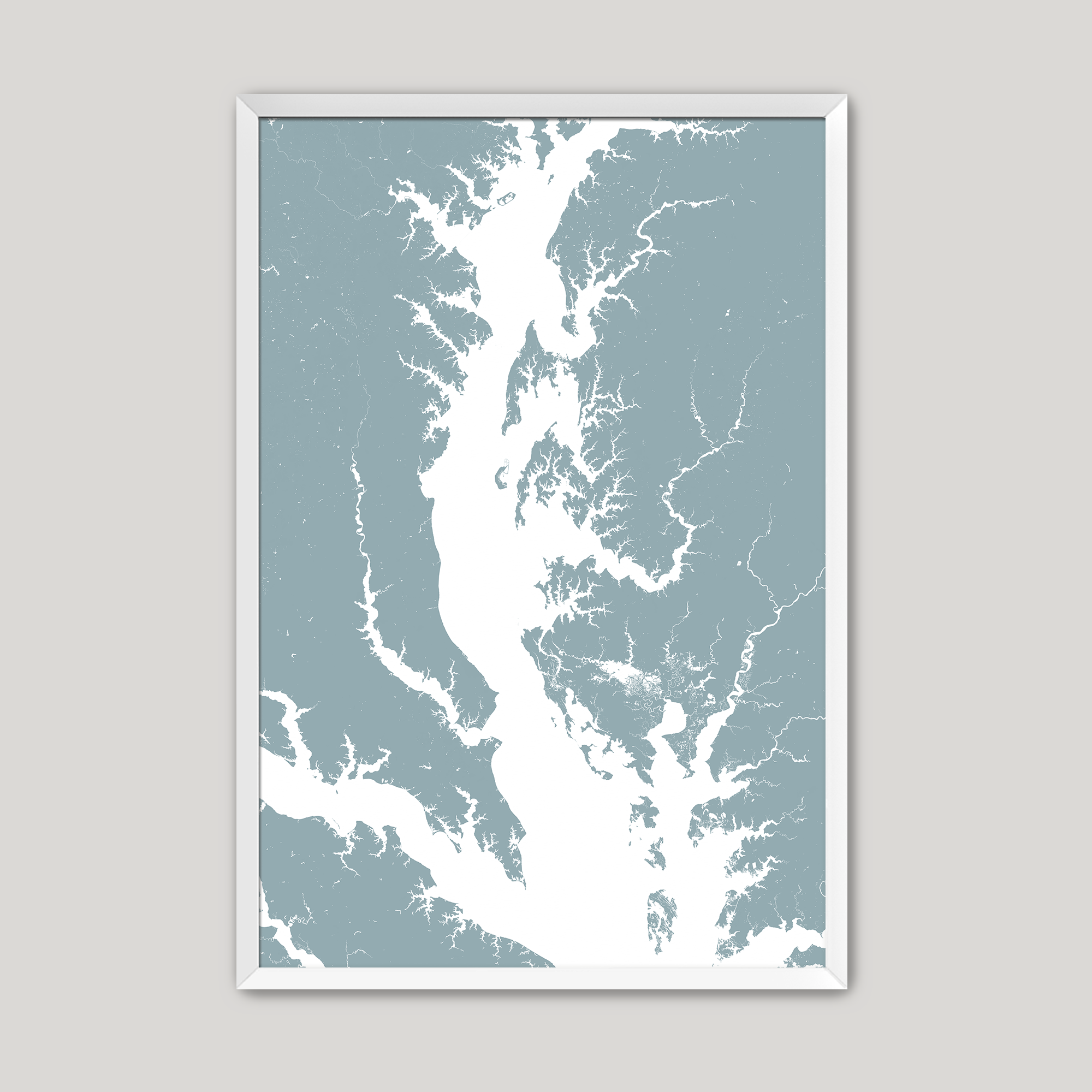 Chesapeake Bay / Maryland Coastal Map — Fine Art Print Vertical, soft-blue, White Frame, 8x10