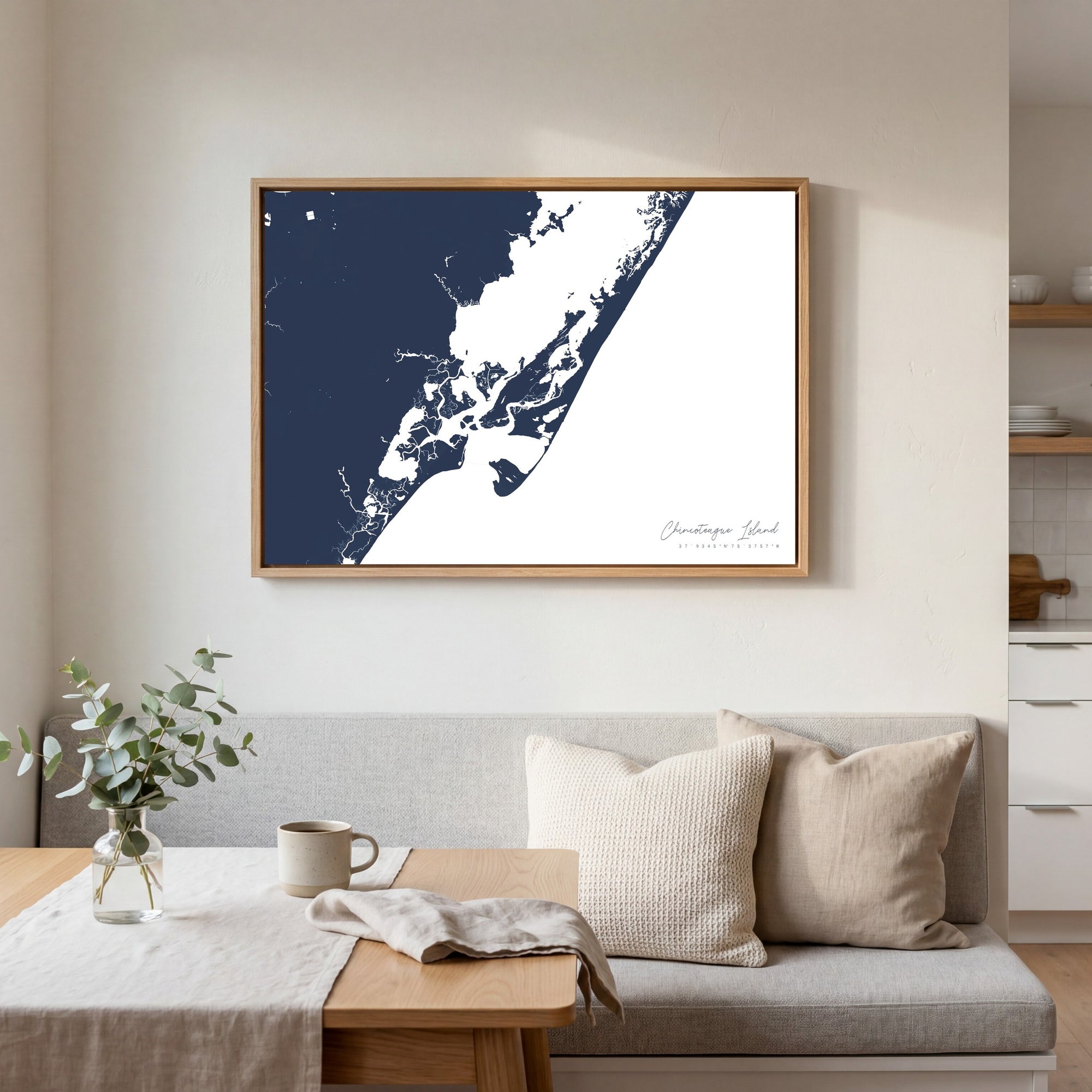 Chincoteague Island navy horizontal canvas map in an oak framed room scene