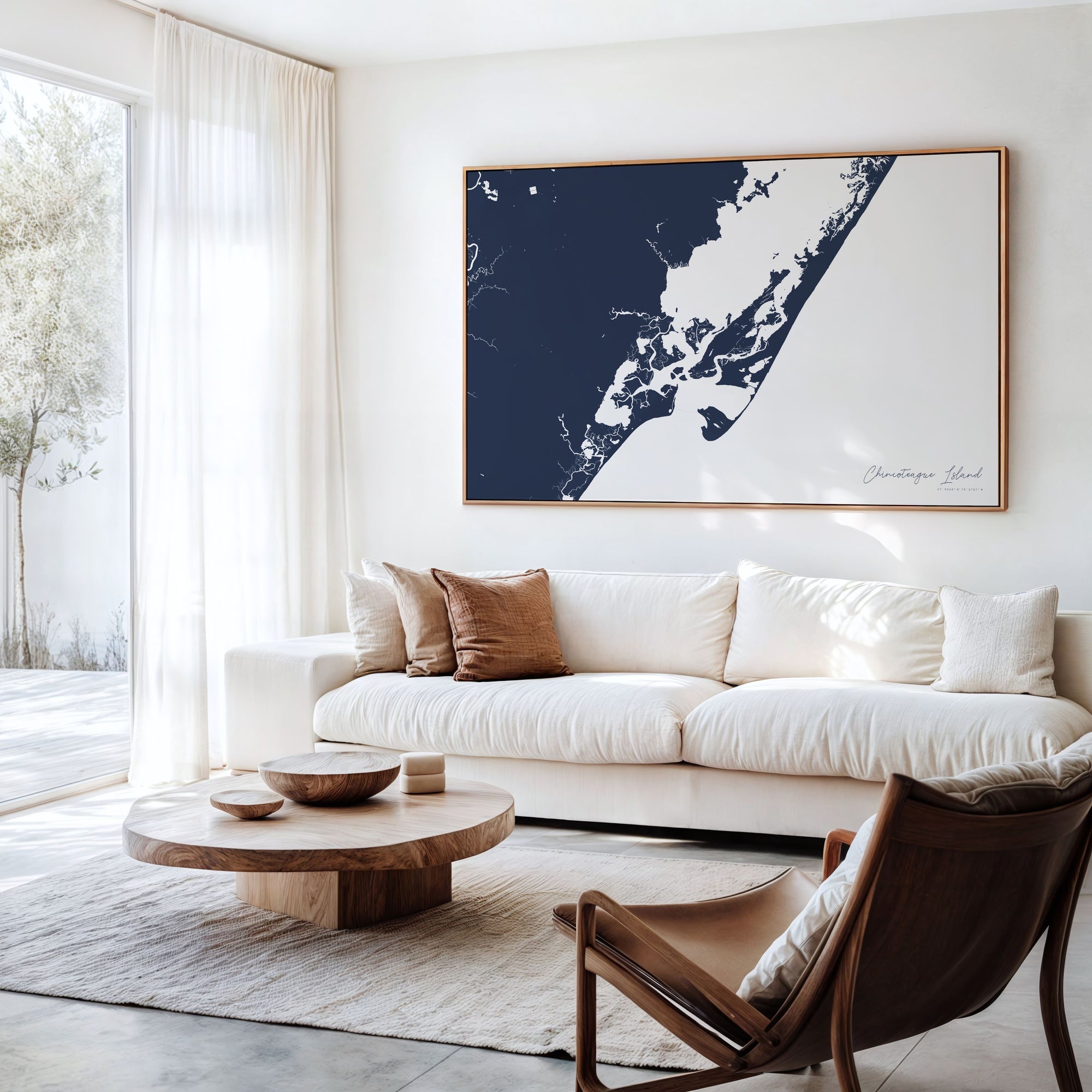 Chincoteague Island navy horizontal canvas map in an oak framed room scene
