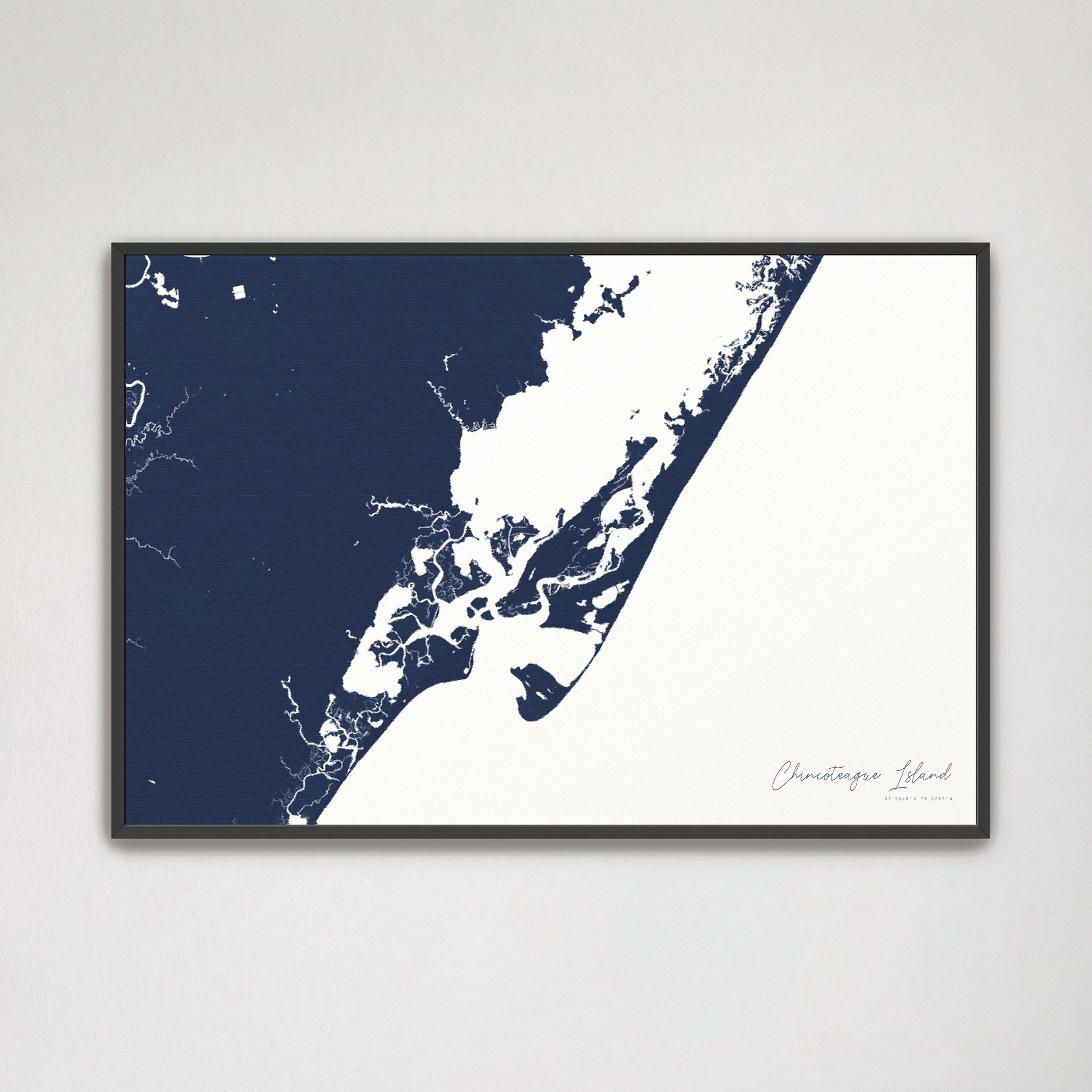 Chincoteague Island Coastal Map — Canvas Horizontal, navy, Black Frame