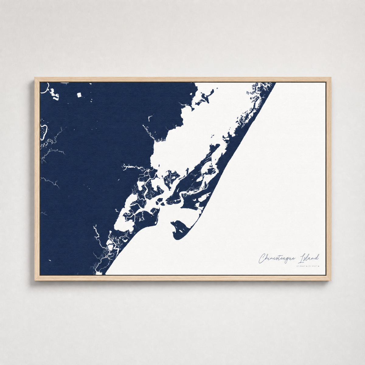 Chincoteague Island Coastal Map — Canvas Horizontal — navy, Light Wood