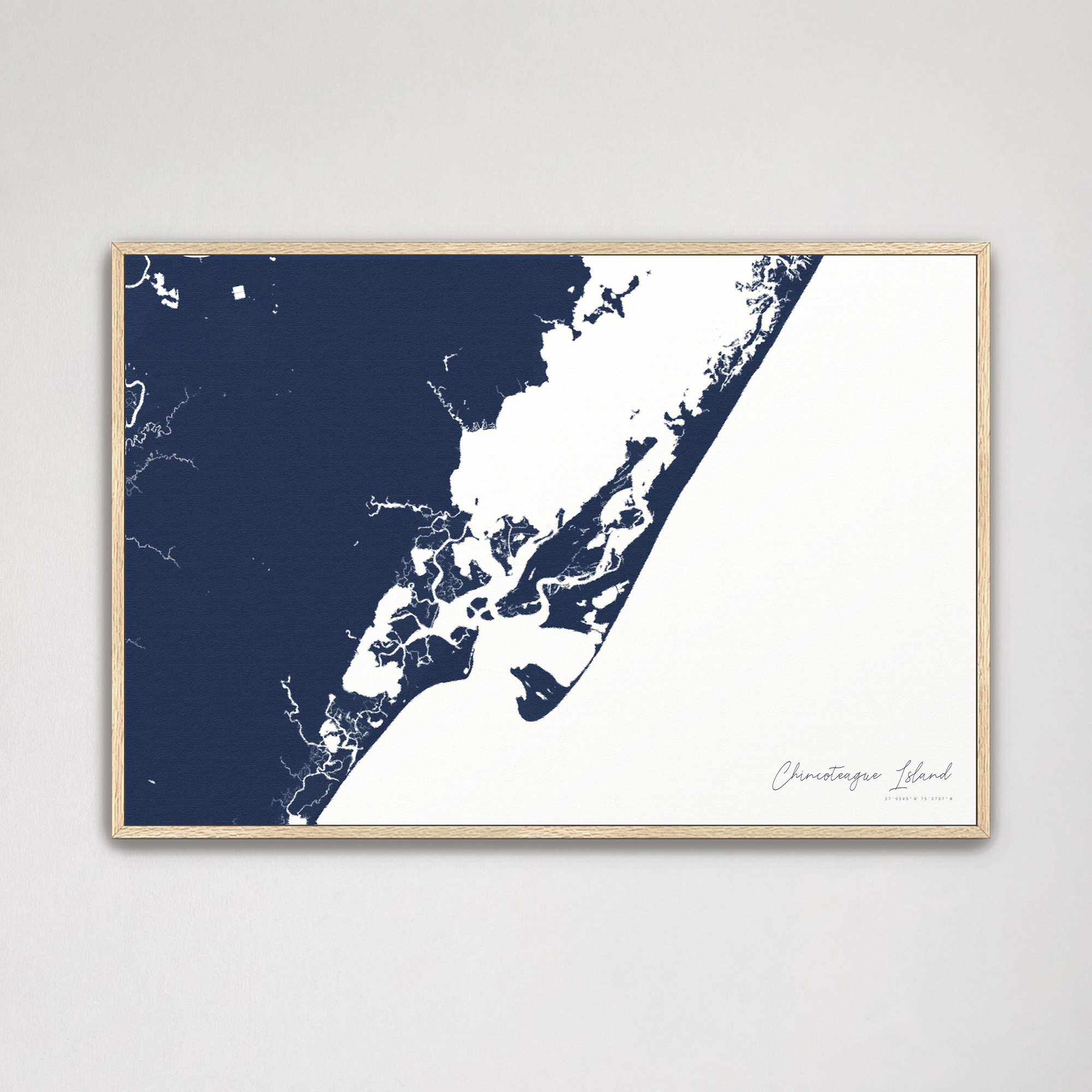 Chincoteague Island Coastal Map — Canvas Horizontal, navy, Natural Oak