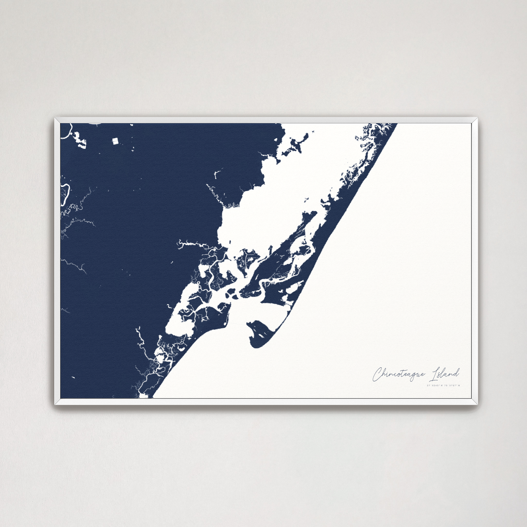 Chincoteague Island Coastal Map — Canvas Horizontal, navy, White Frame