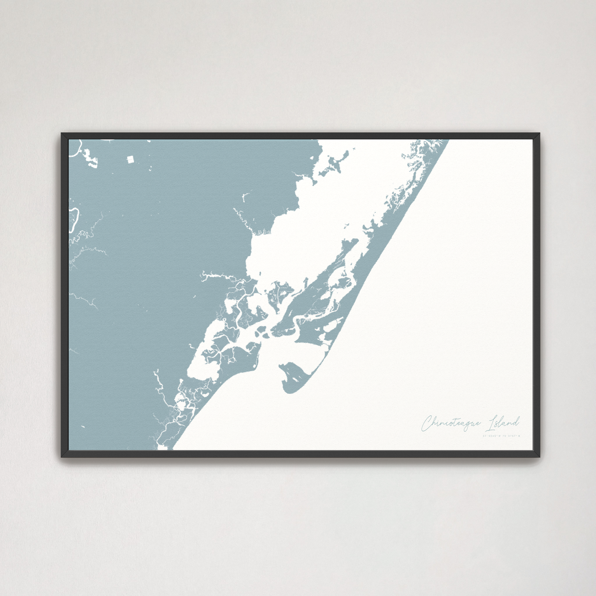 Chincoteague Island Coastal Map — Canvas Horizontal, soft-blue, Black Frame