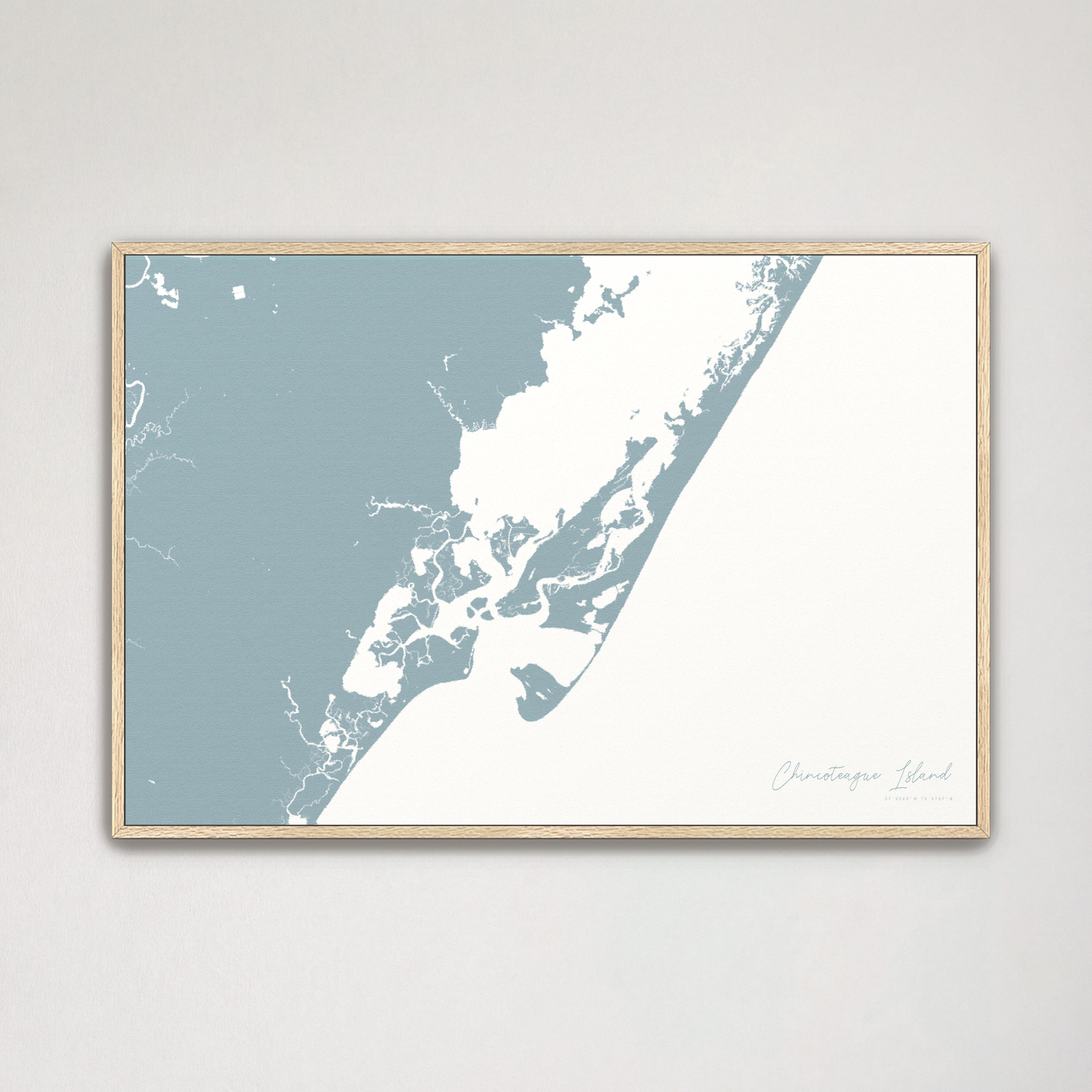 Chincoteague Island Coastal Map — Canvas Horizontal, soft-blue, Natural Oak