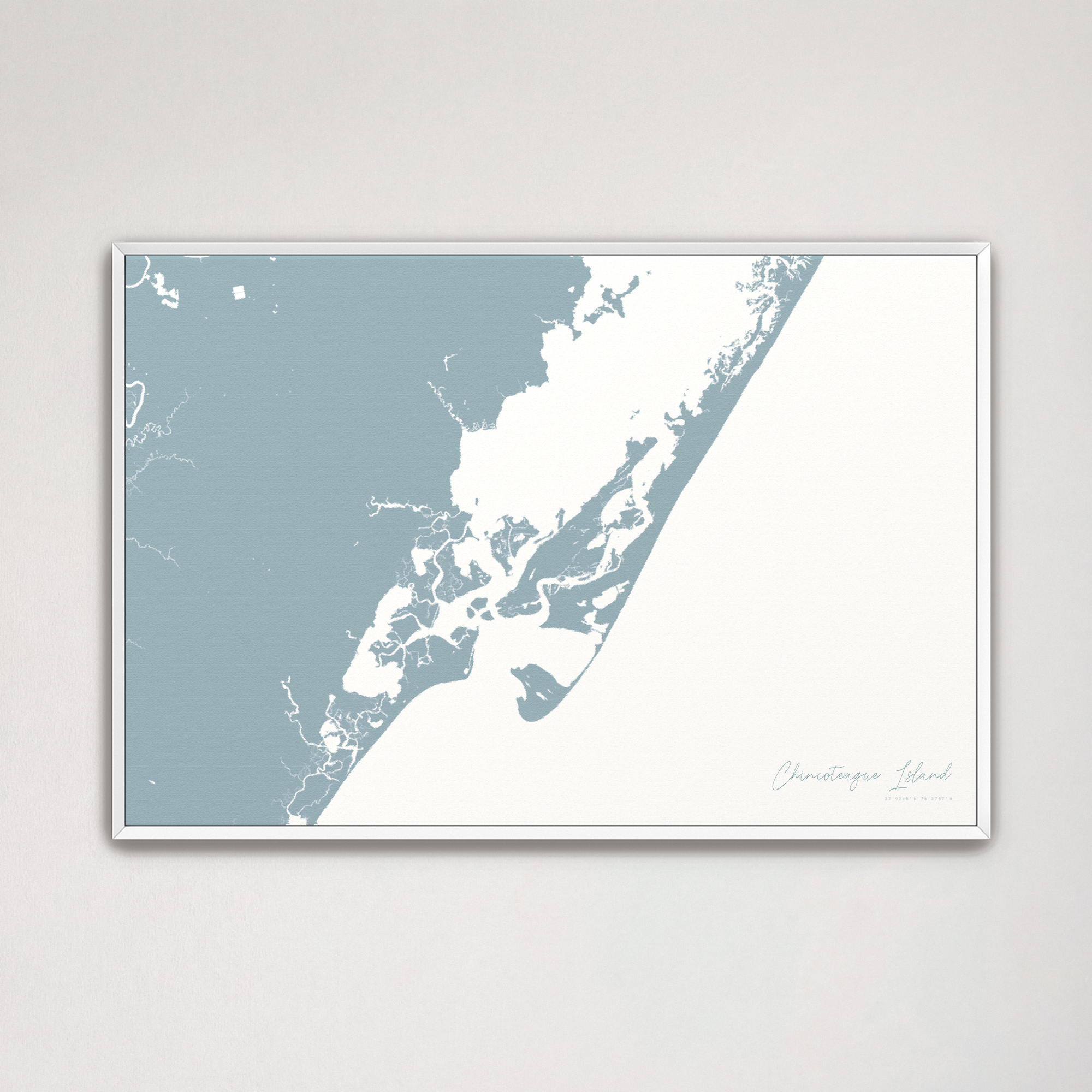 Chincoteague Island Coastal Map — Canvas Horizontal, soft-blue, White Frame