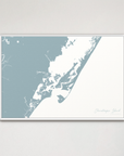 Chincoteague Island Coastal Map — Canvas Horizontal, soft-blue, White Frame