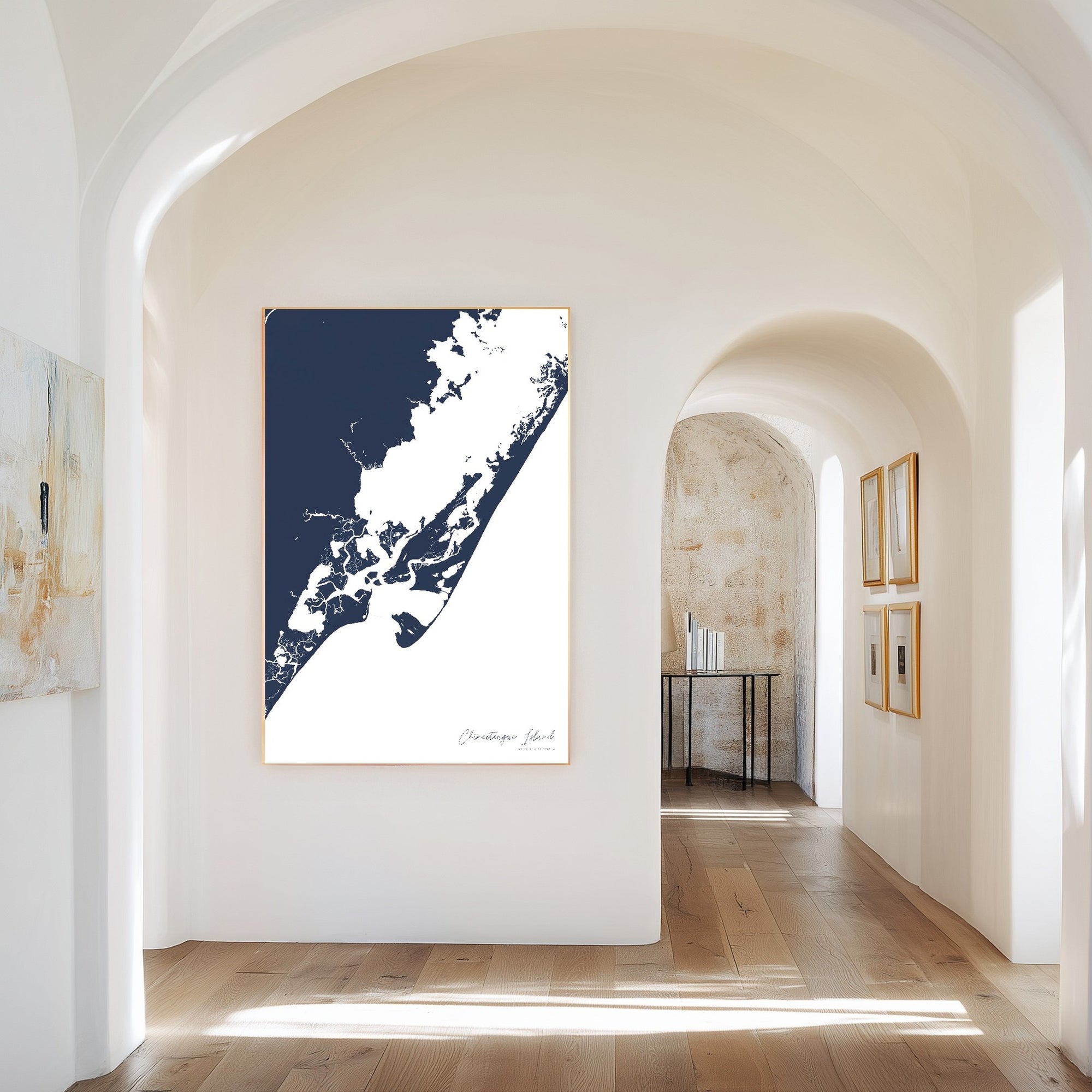 Chincoteague Island navy vertical canvas map in the Bello mixed room scene