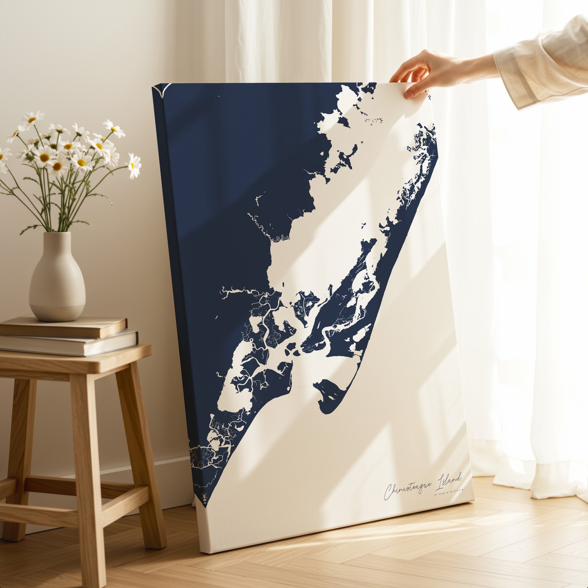 Chincoteague Island navy vertical wrapped canvas map in the ratio 2:3 hand mockup
