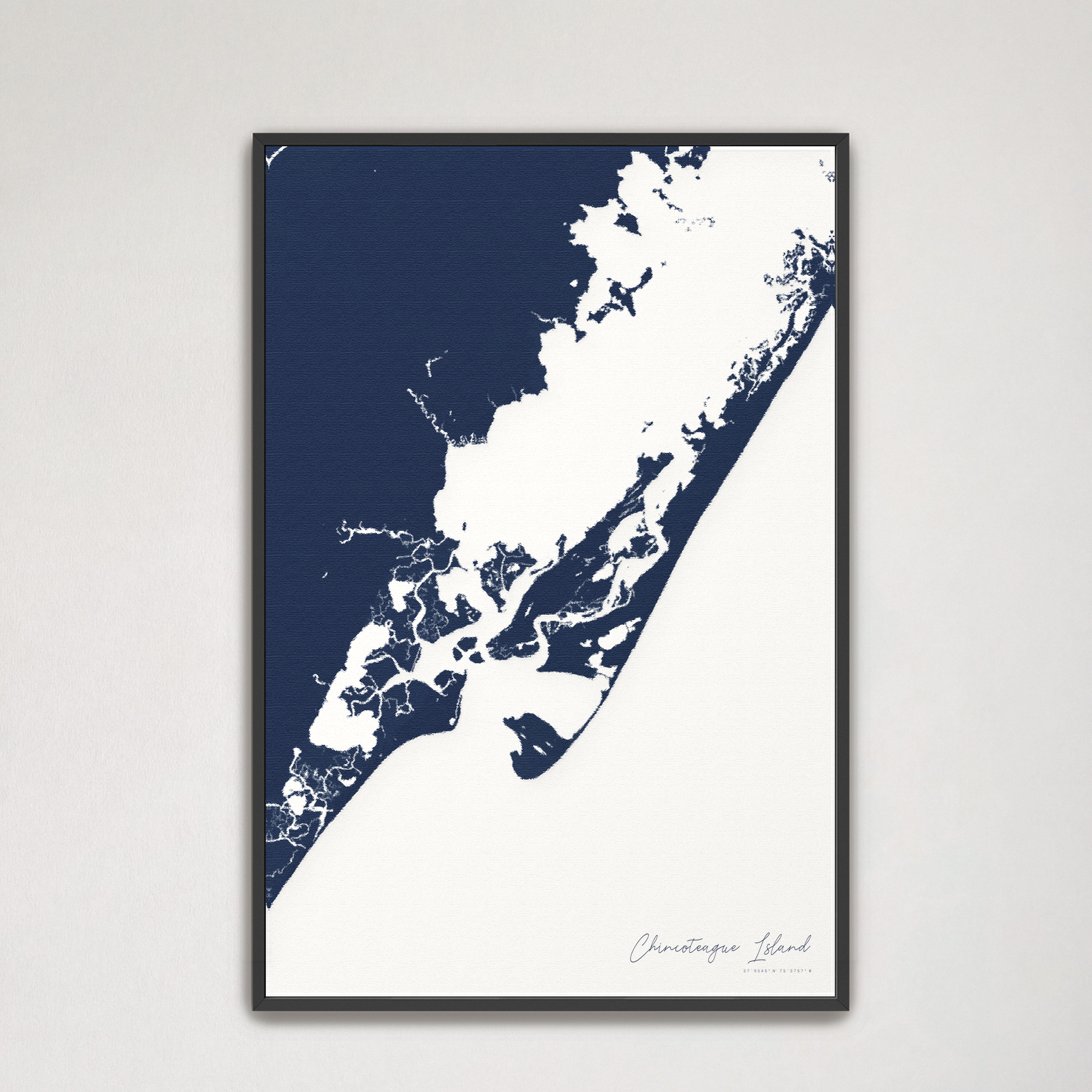 Chincoteague Island Coastal Map — Canvas Vertical, navy, Black Frame