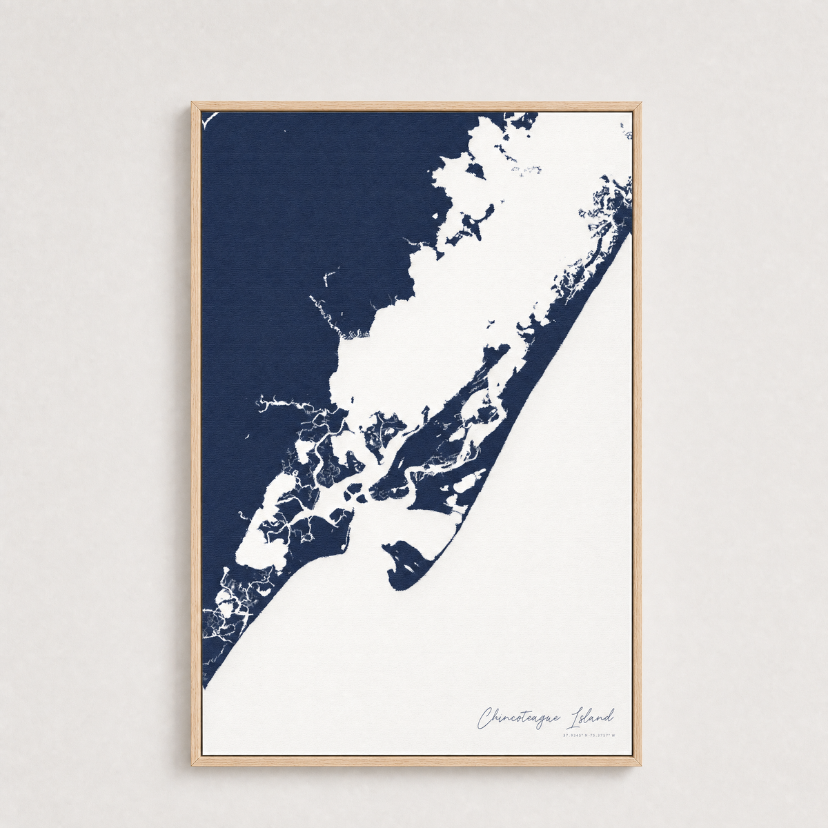Chincoteague Island Coastal Map — Canvas Vertical — navy, Light Wood