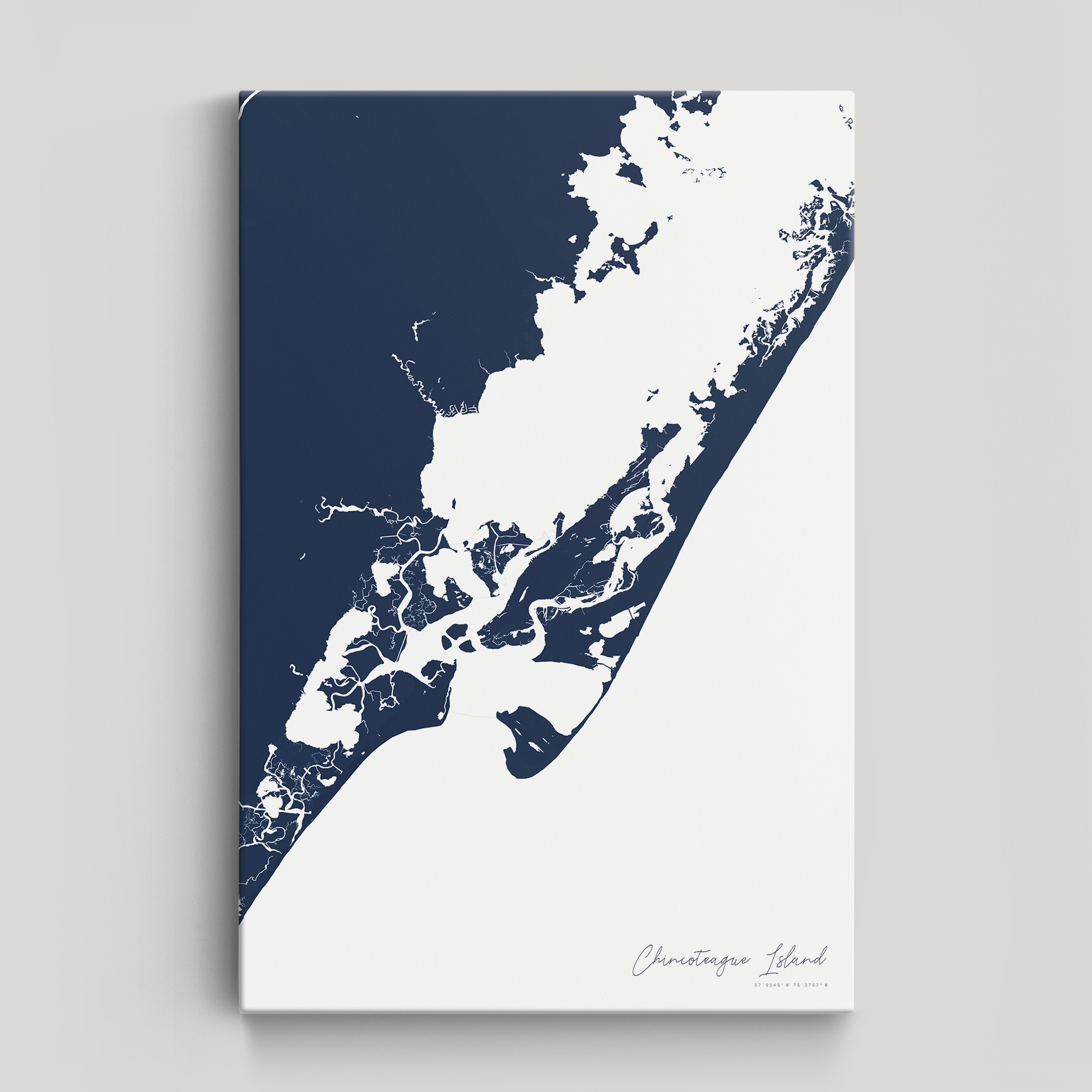 Chincoteague Island Coastal Map — Canvas Vertical, navy, No Frame