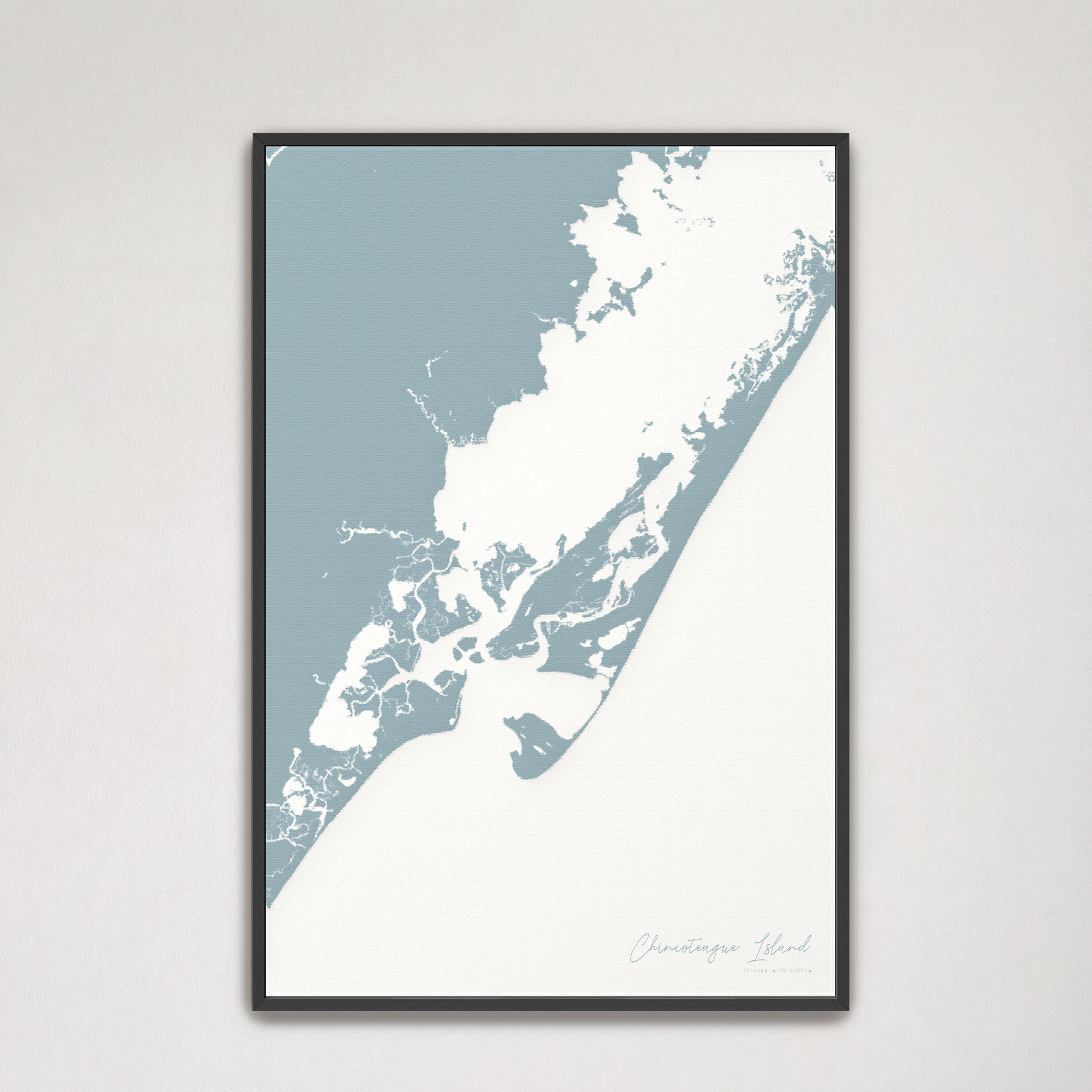 Chincoteague Island Coastal Map — Canvas Vertical, soft-blue, Black Frame