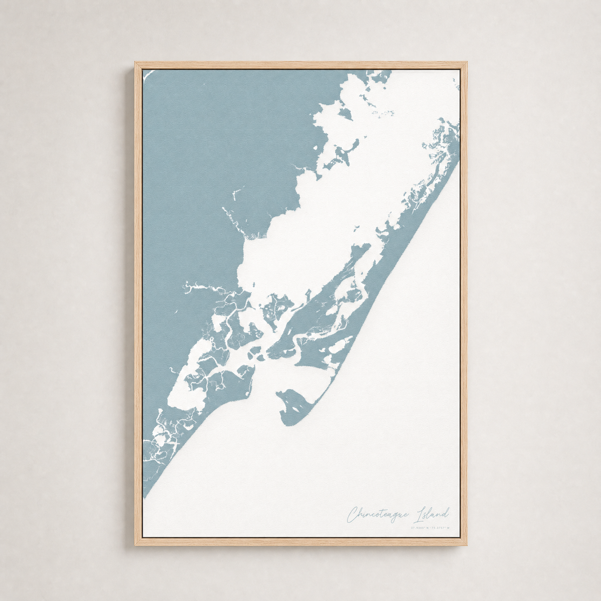 Chincoteague Island Coastal Map — Canvas Vertical — soft-blue, Light Wood