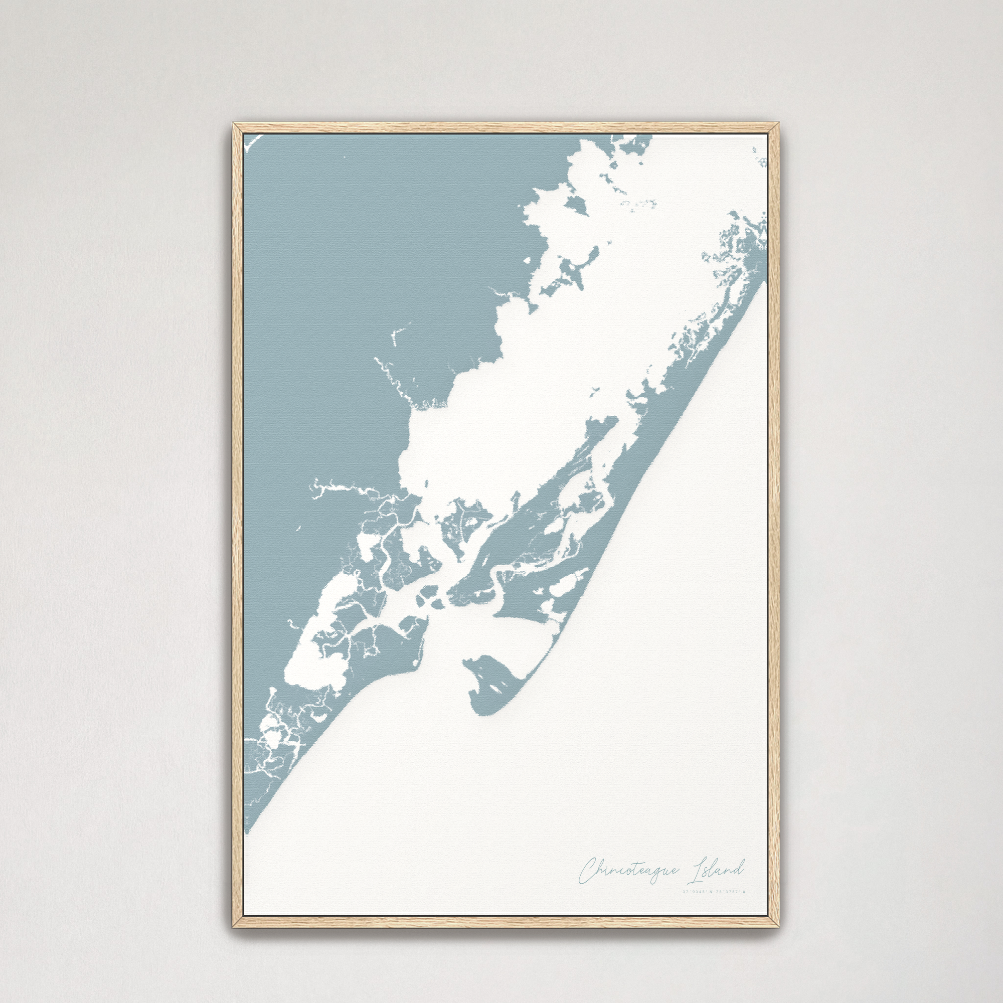Chincoteague Island Coastal Map — Canvas Vertical, soft-blue, Natural Oak