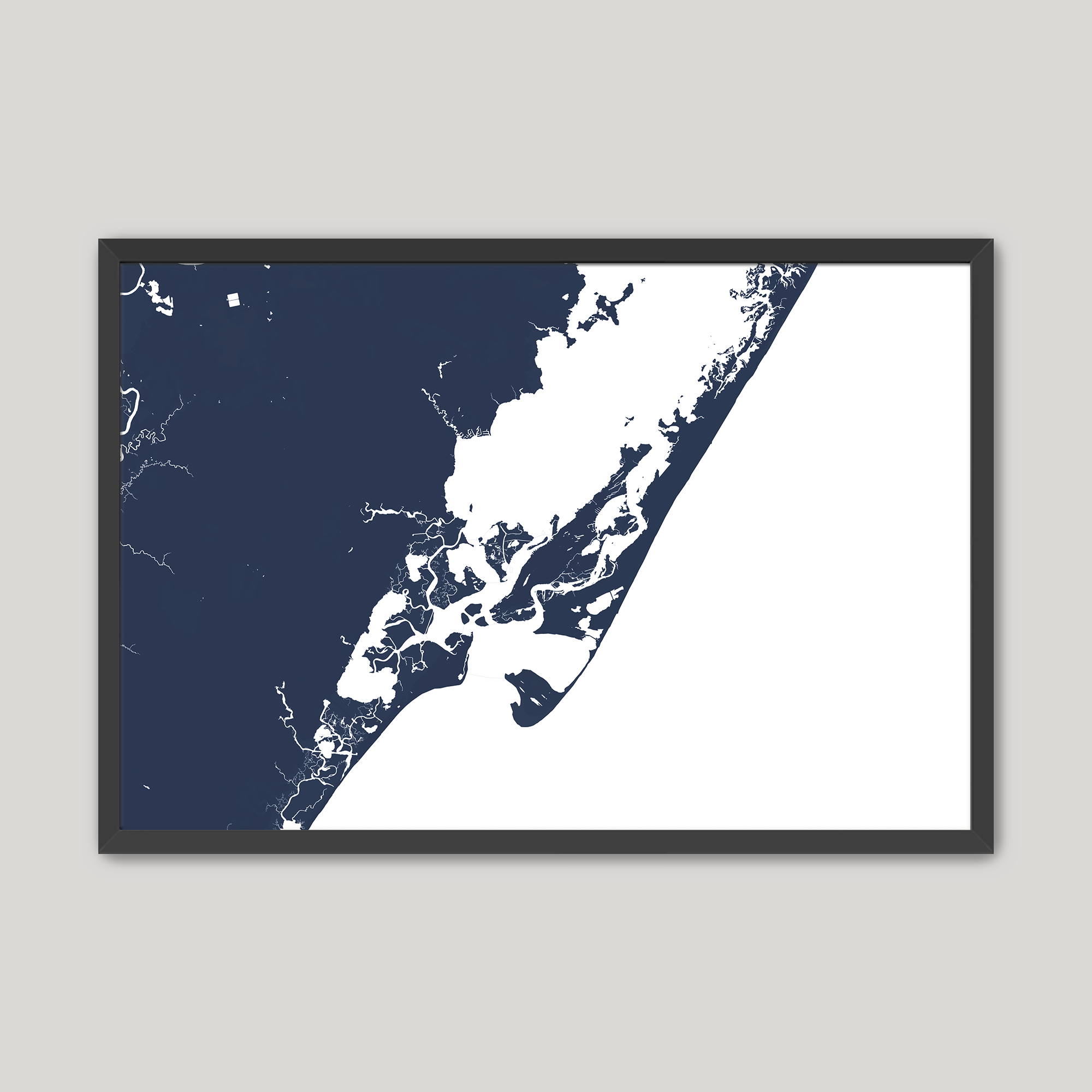 Chincoteague Island Coastal Map — Fine Art Print Horizontal, navy, Black Frame, 10x8