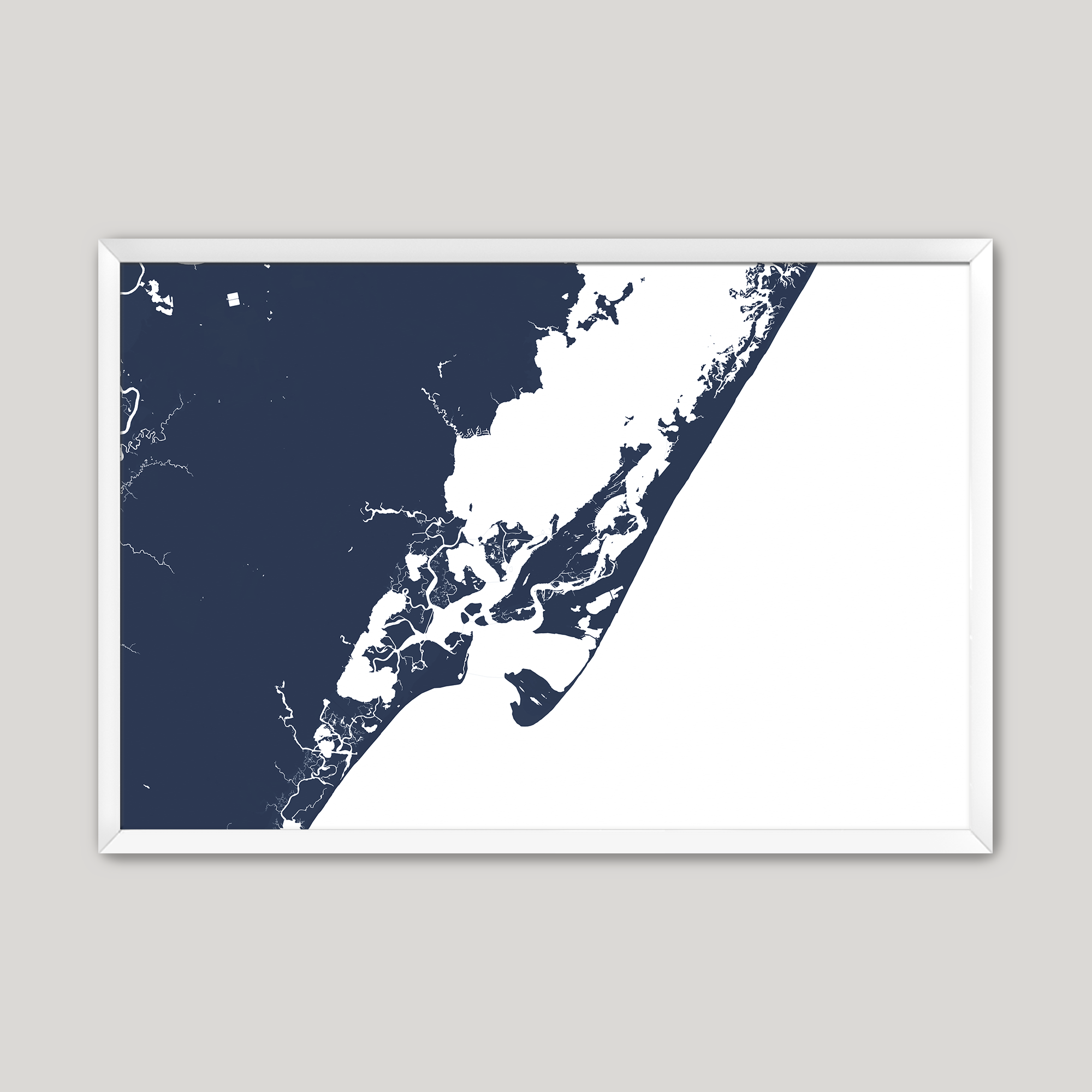 Chincoteague Island Coastal Map — Fine Art Print Horizontal, navy, White Frame, 10x8