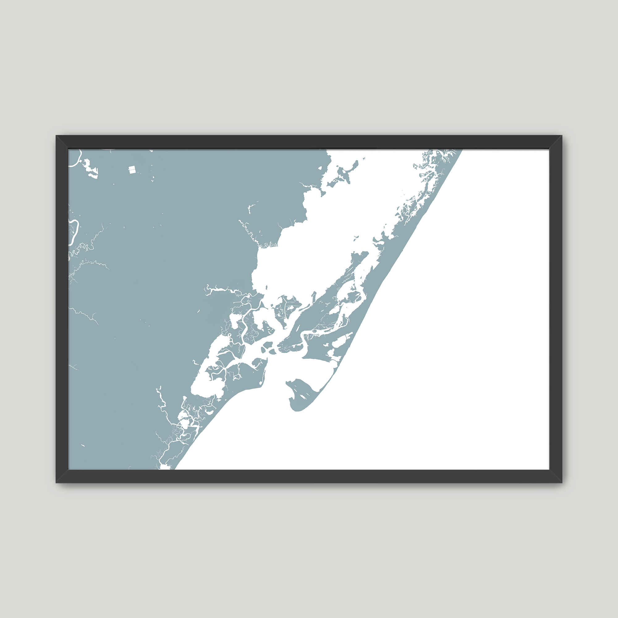 Chincoteague Island Coastal Map — Fine Art Print Horizontal, soft-blue, Black Frame, 10x8