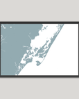 Chincoteague Island Coastal Map — Fine Art Print Horizontal, soft-blue, Black Frame, 10x8