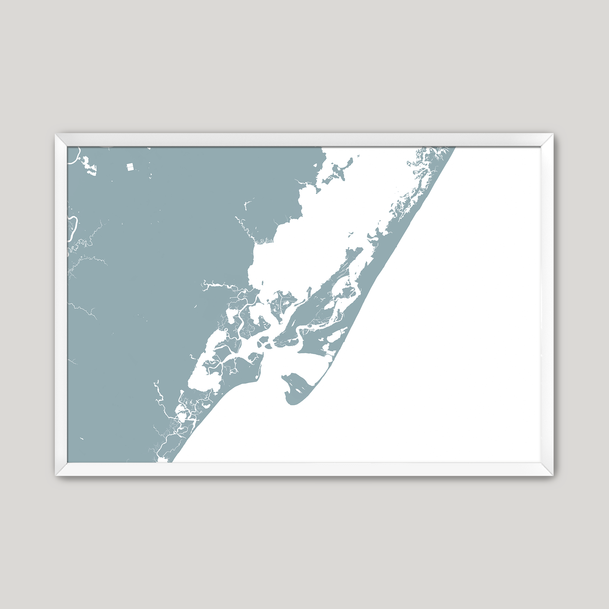 Chincoteague Island Coastal Map — Fine Art Print Horizontal, soft-blue, White Frame, 10x8