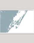 Chincoteague Island Coastal Map — Fine Art Print Horizontal, soft-blue, White Frame, 10x8