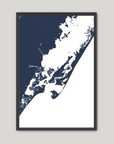 Chincoteague Island Coastal Map — Fine Art Print Vertical, navy, Black Frame, 8x10