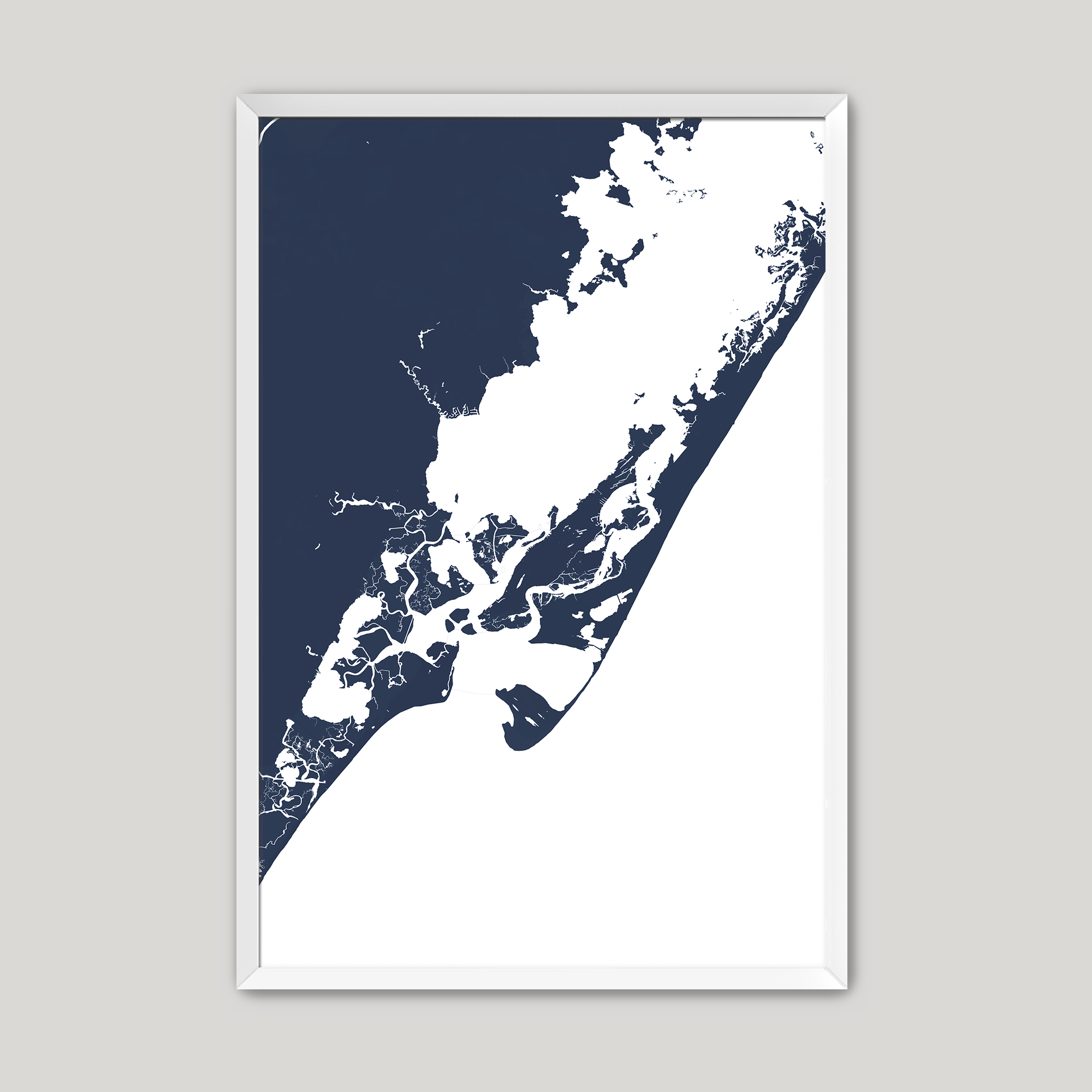Chincoteague Island Coastal Map — Fine Art Print Vertical, navy, White Frame, 8x10