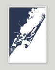 Chincoteague Island Coastal Map — Fine Art Print Vertical, navy, White Frame, 8x10