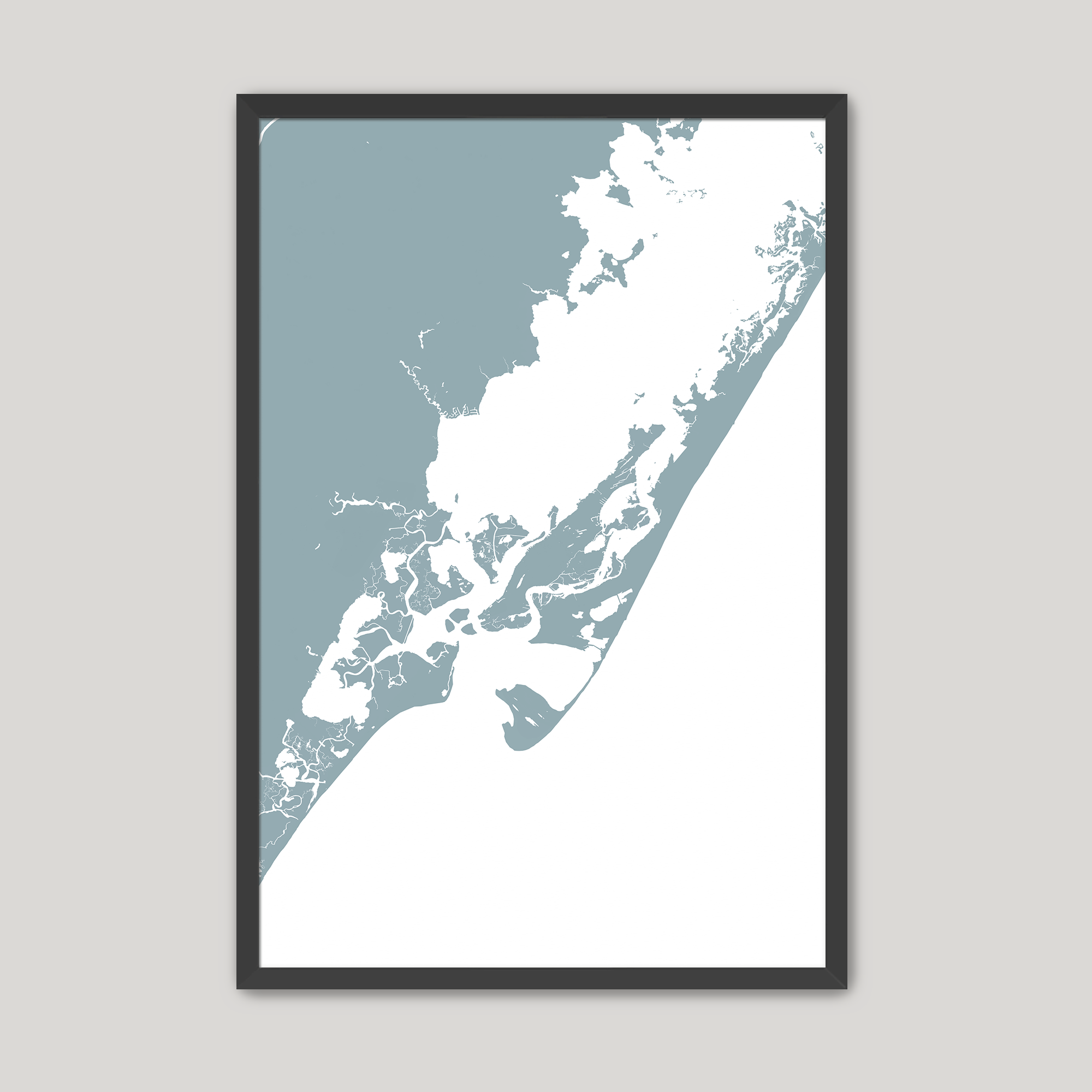 Chincoteague Island Coastal Map — Fine Art Print Vertical, soft-blue, Black Frame, 8x10