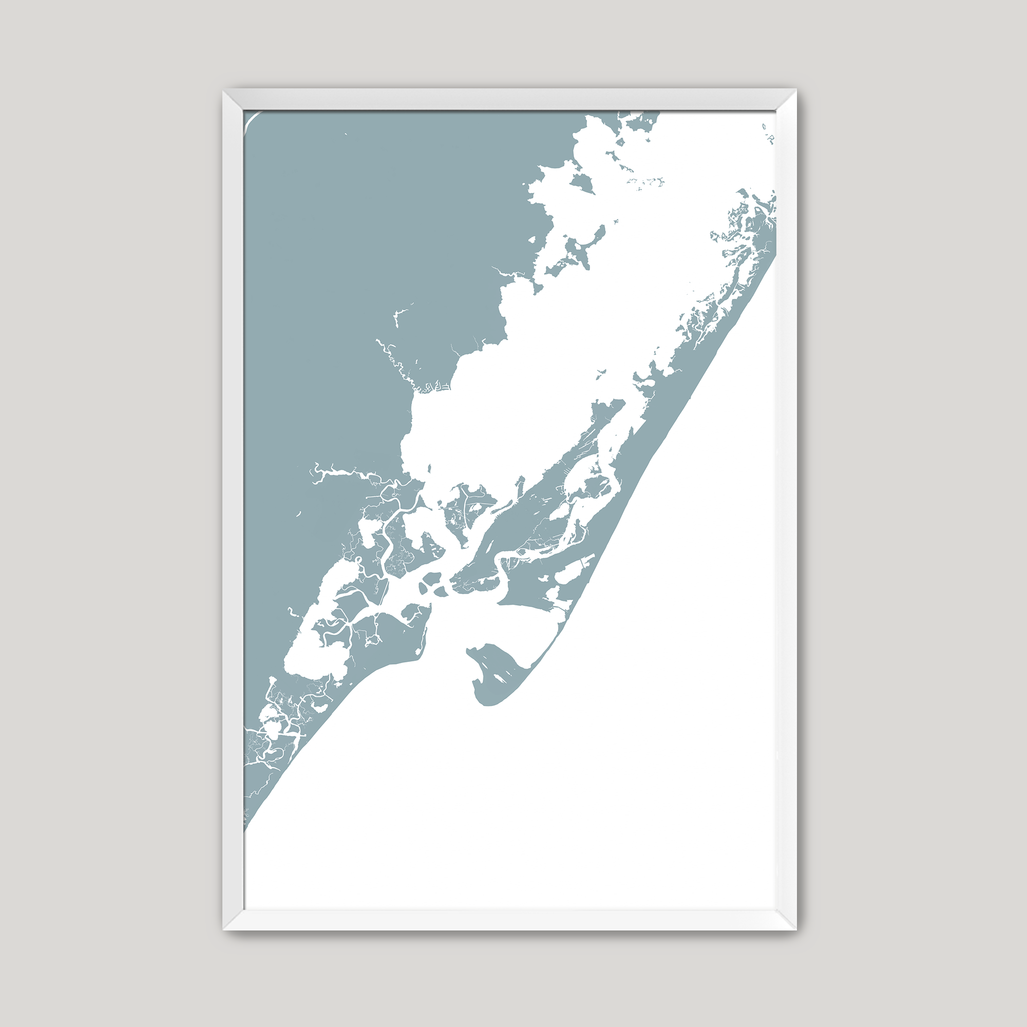 Chincoteague Island Coastal Map — Fine Art Print Vertical, soft-blue, White Frame, 8x10