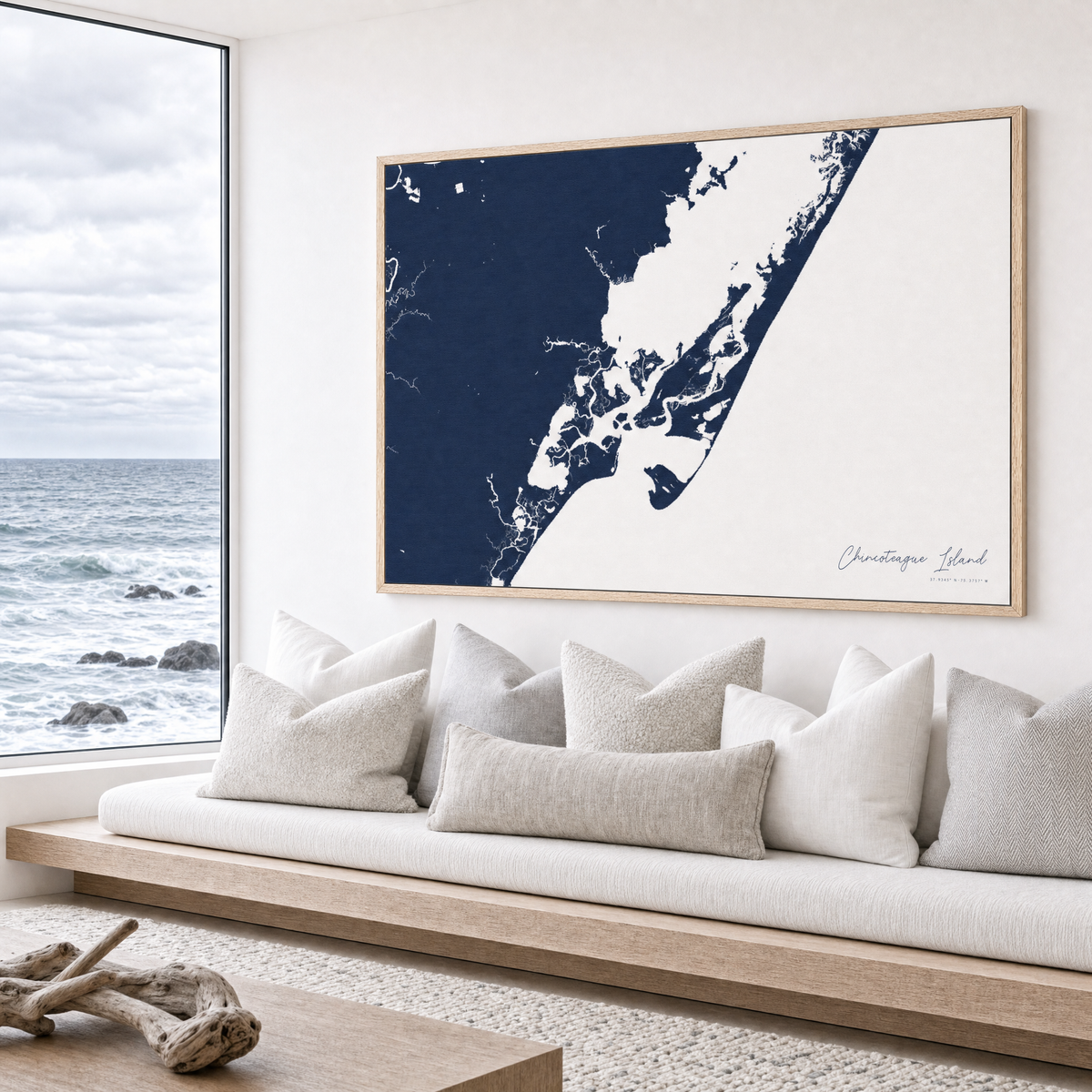 Chincoteague Island canvas map — sea-view bench interior