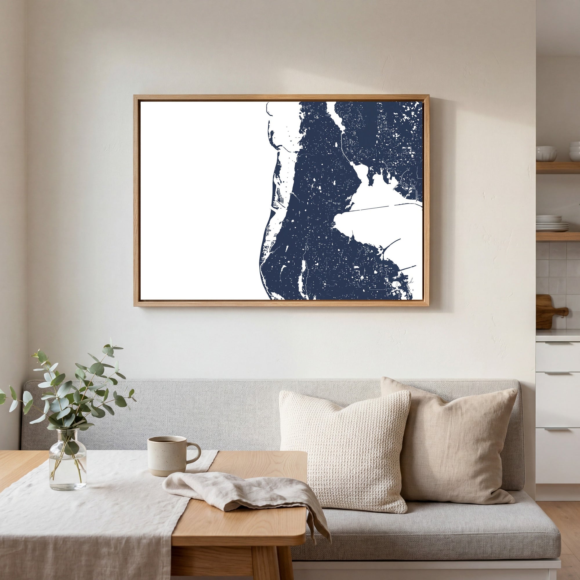 Clearwater Beach navy horizontal canvas map in an oak framed room scene