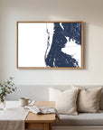 Clearwater Beach navy horizontal canvas map in an oak framed room scene