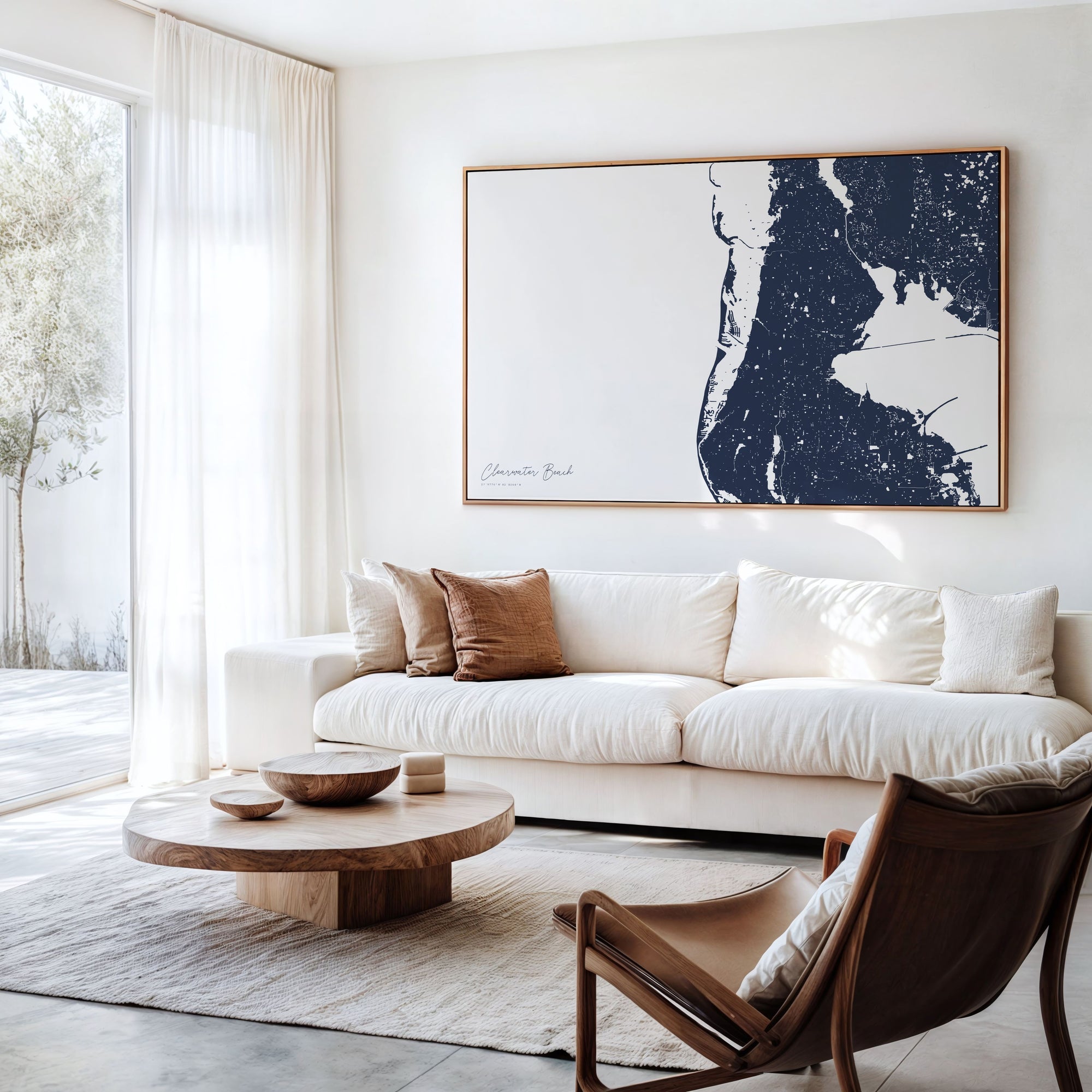 Clearwater Beach navy horizontal canvas map in an oak framed room scene