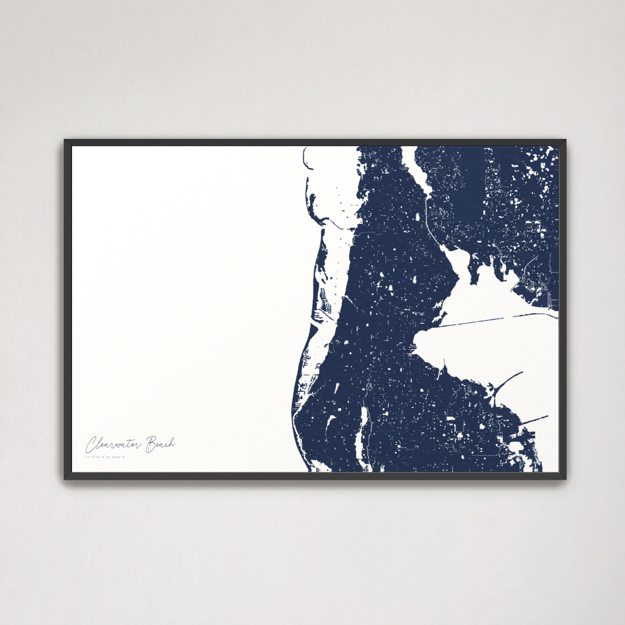 Clearwater Beach Coastal Map — Canvas Horizontal, navy, Black Frame