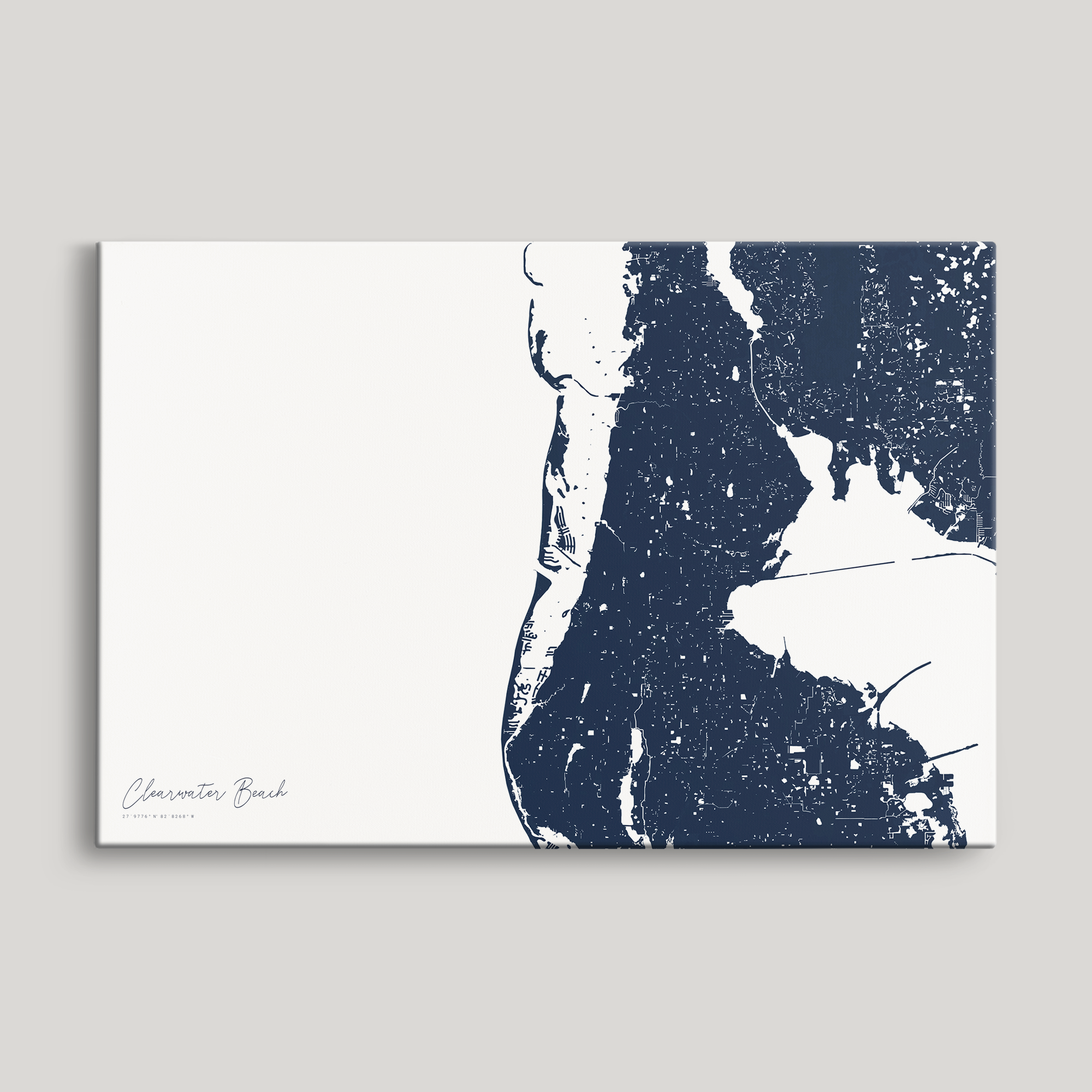 Clearwater Beach Coastal Map — Canvas Horizontal, navy, No Frame