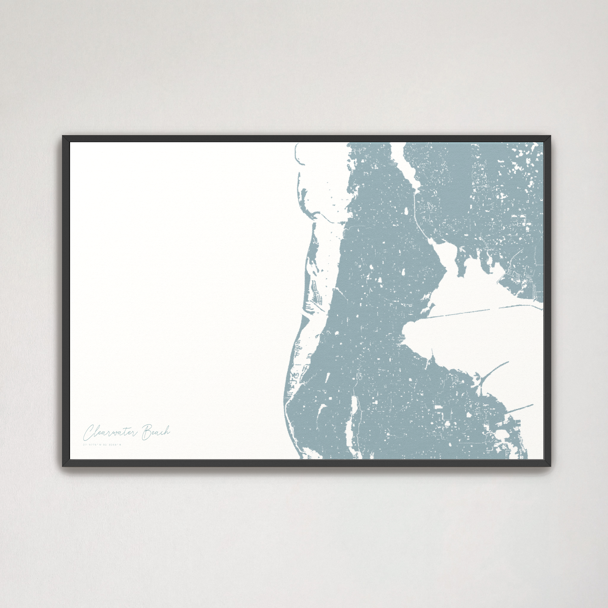 Clearwater Beach Coastal Map — Canvas Horizontal, soft-blue, Black Frame
