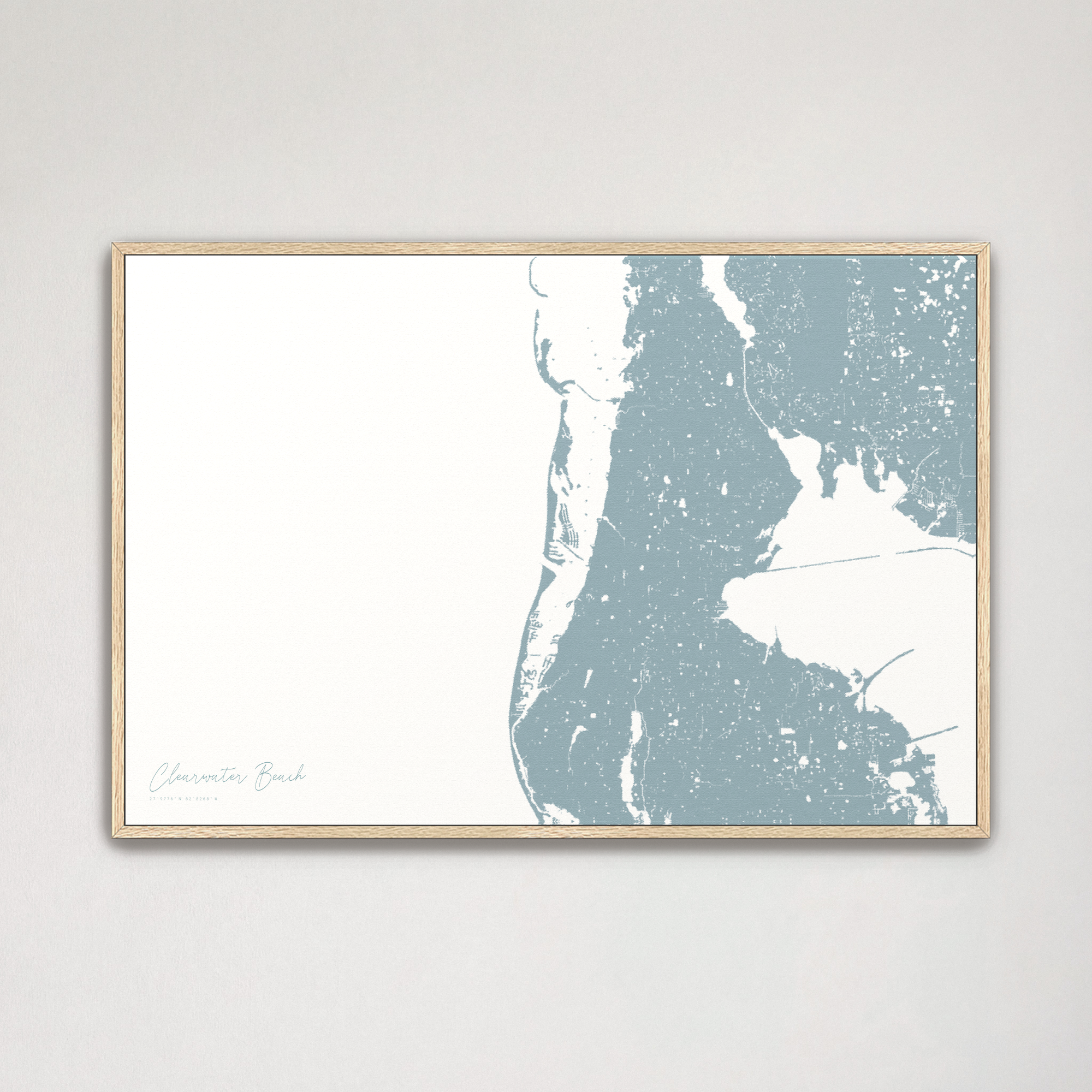 Clearwater Beach Coastal Map — Canvas Horizontal, soft-blue, Natural Oak