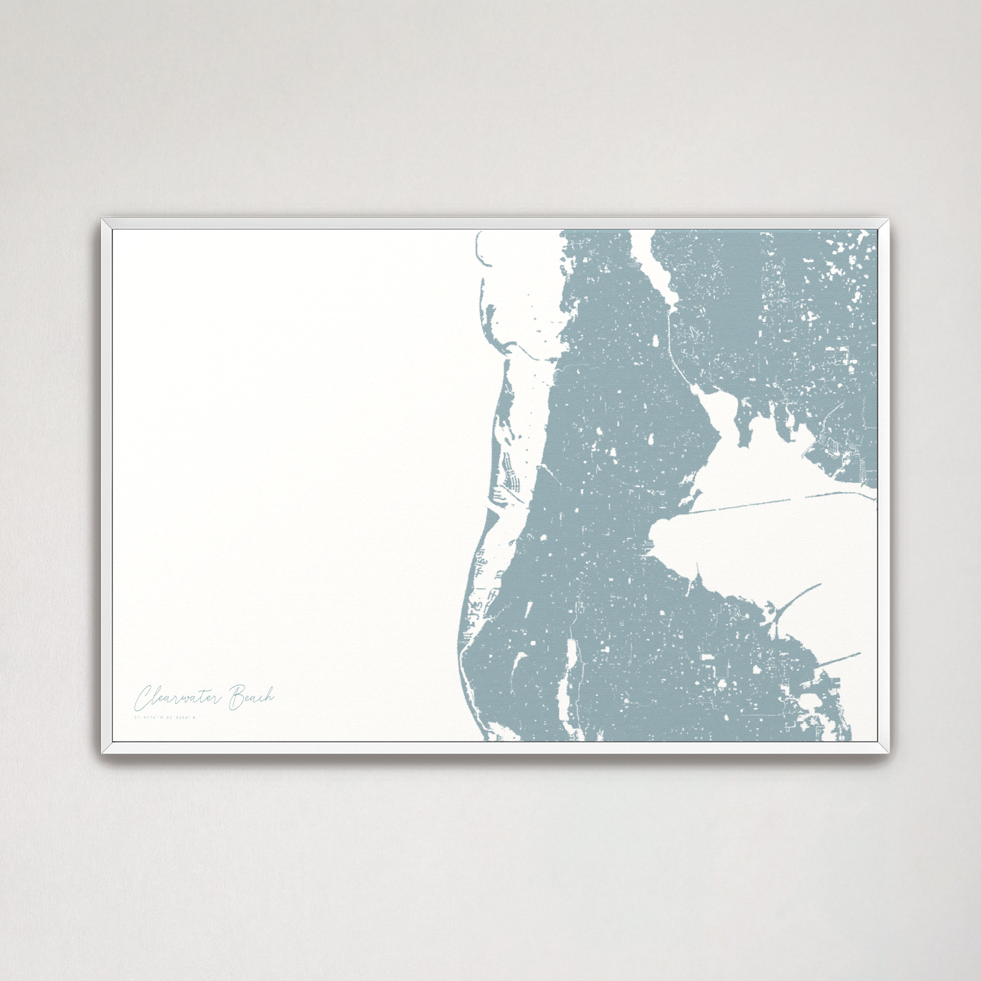 Clearwater Beach Coastal Map — Canvas Horizontal, soft-blue, White Frame