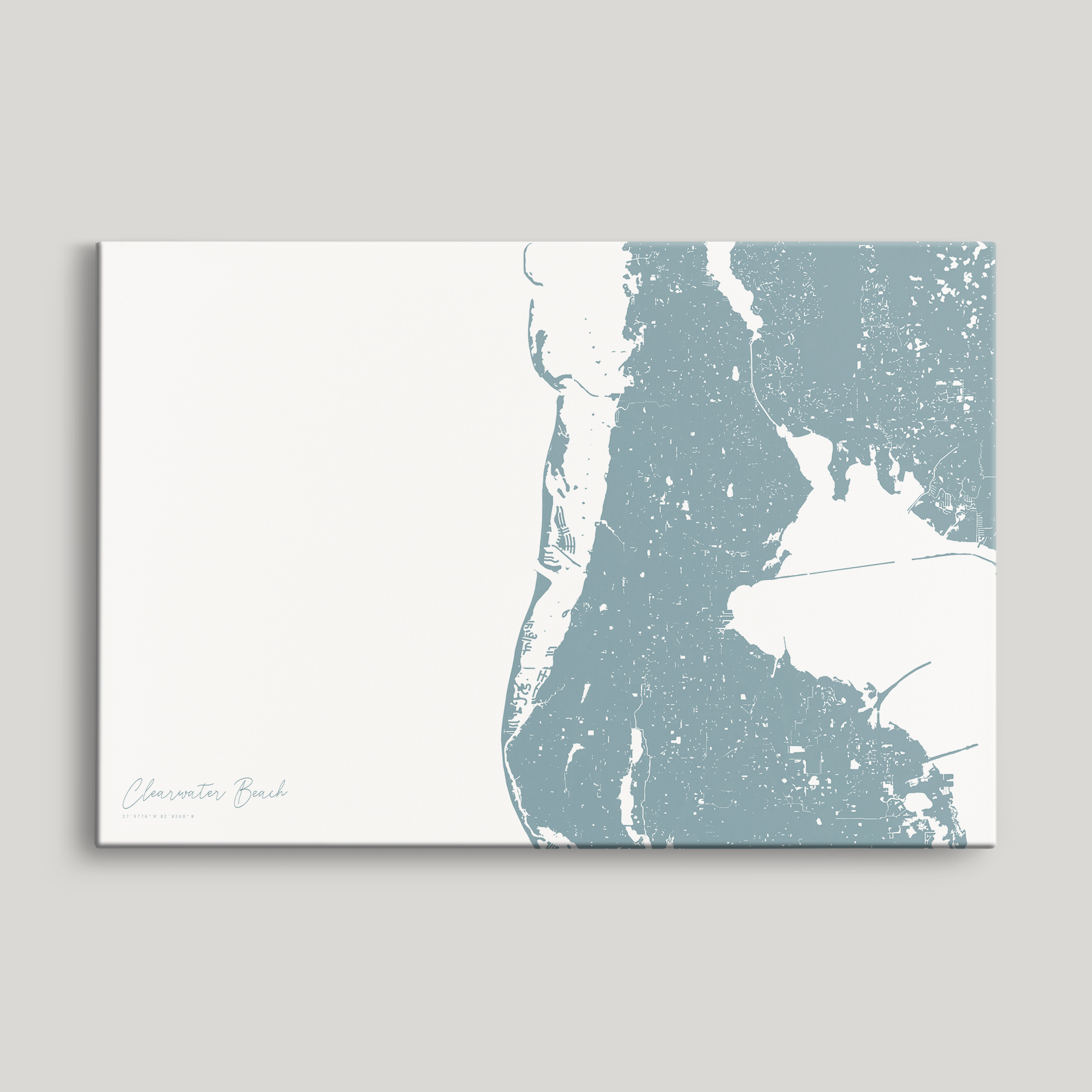 Clearwater Beach Coastal Map — Canvas Horizontal, soft-blue, No Frame