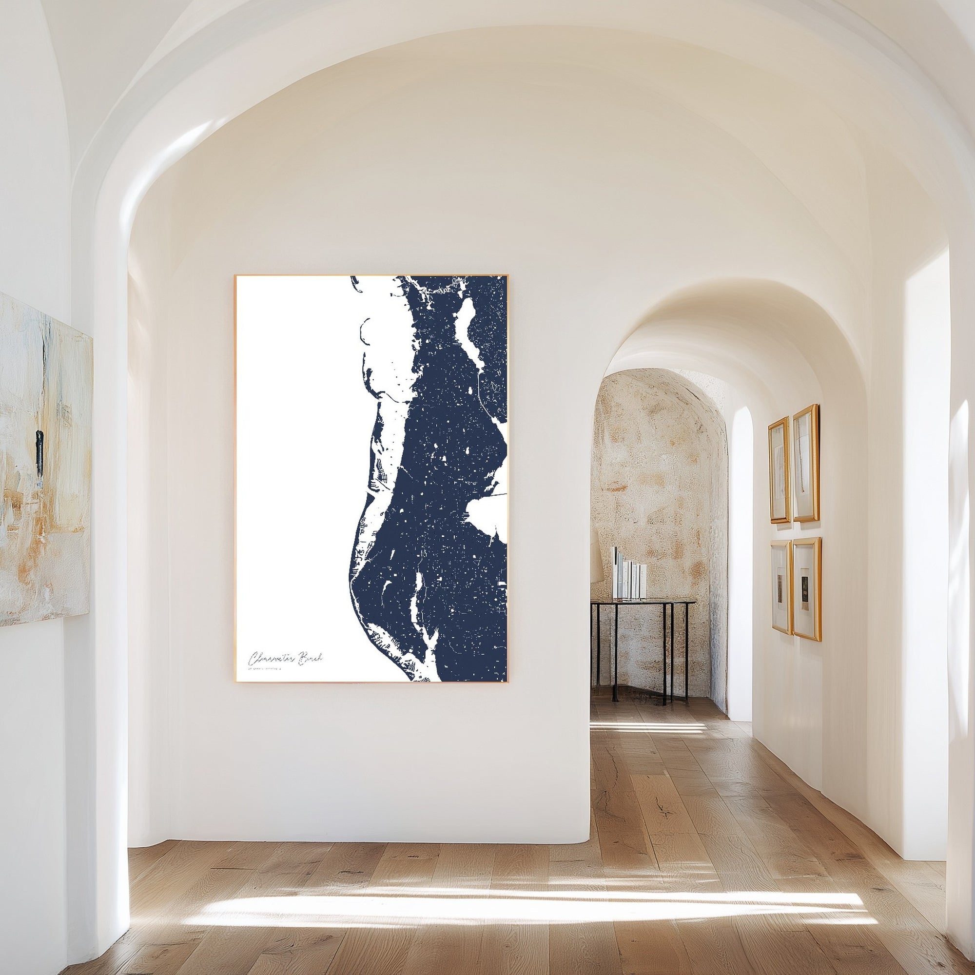 Clearwater Beach navy vertical canvas map in the Bello mixed room scene