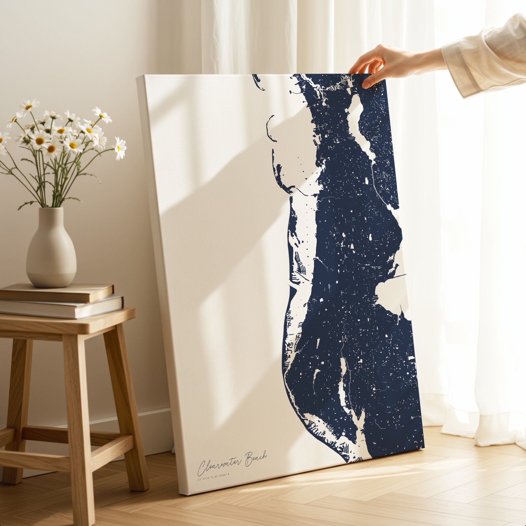 Clearwater Beach navy vertical wrapped canvas map in the ratio 2:3 hand mockup