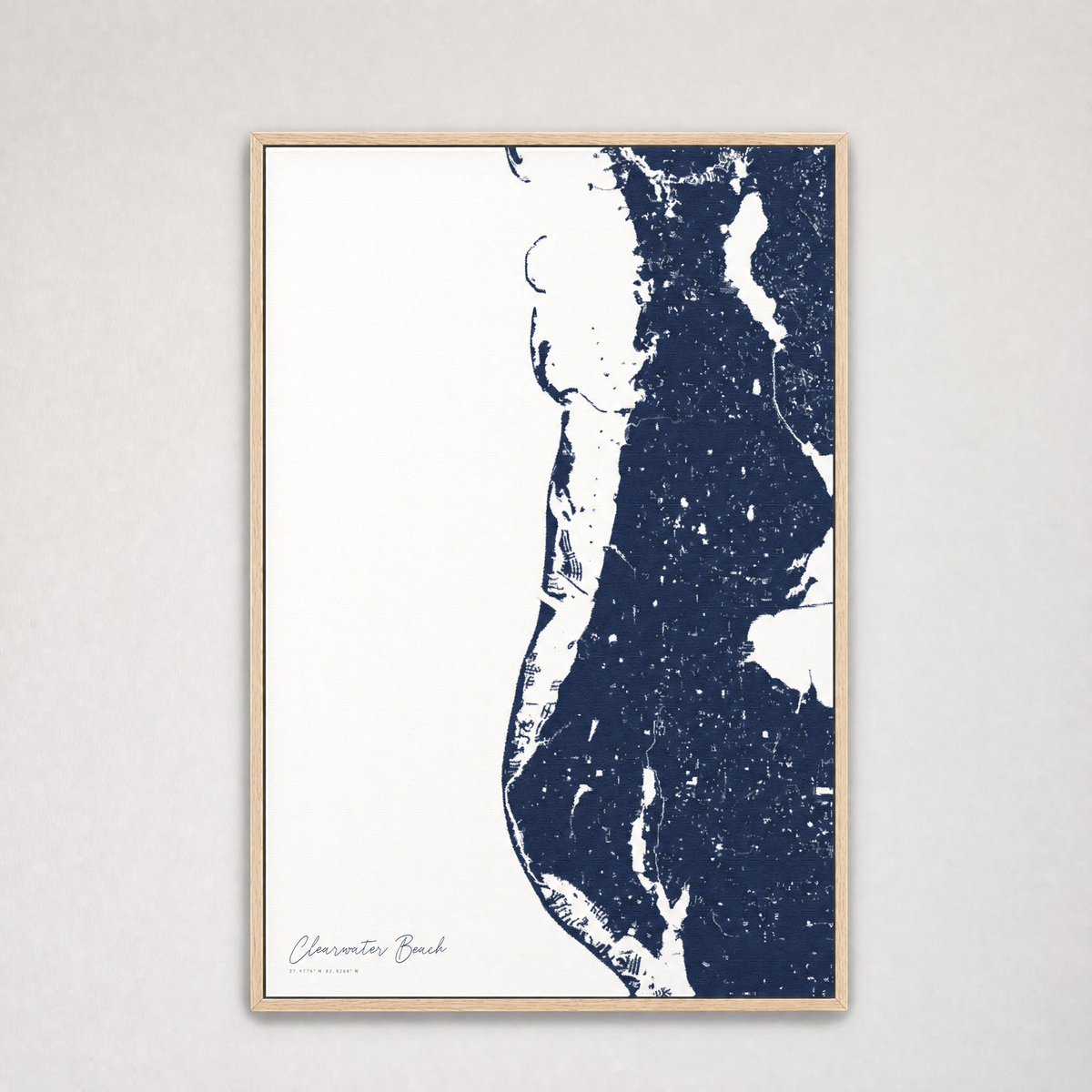 Clearwater Beach Coastal Map — Canvas Vertical — navy, Light Wood