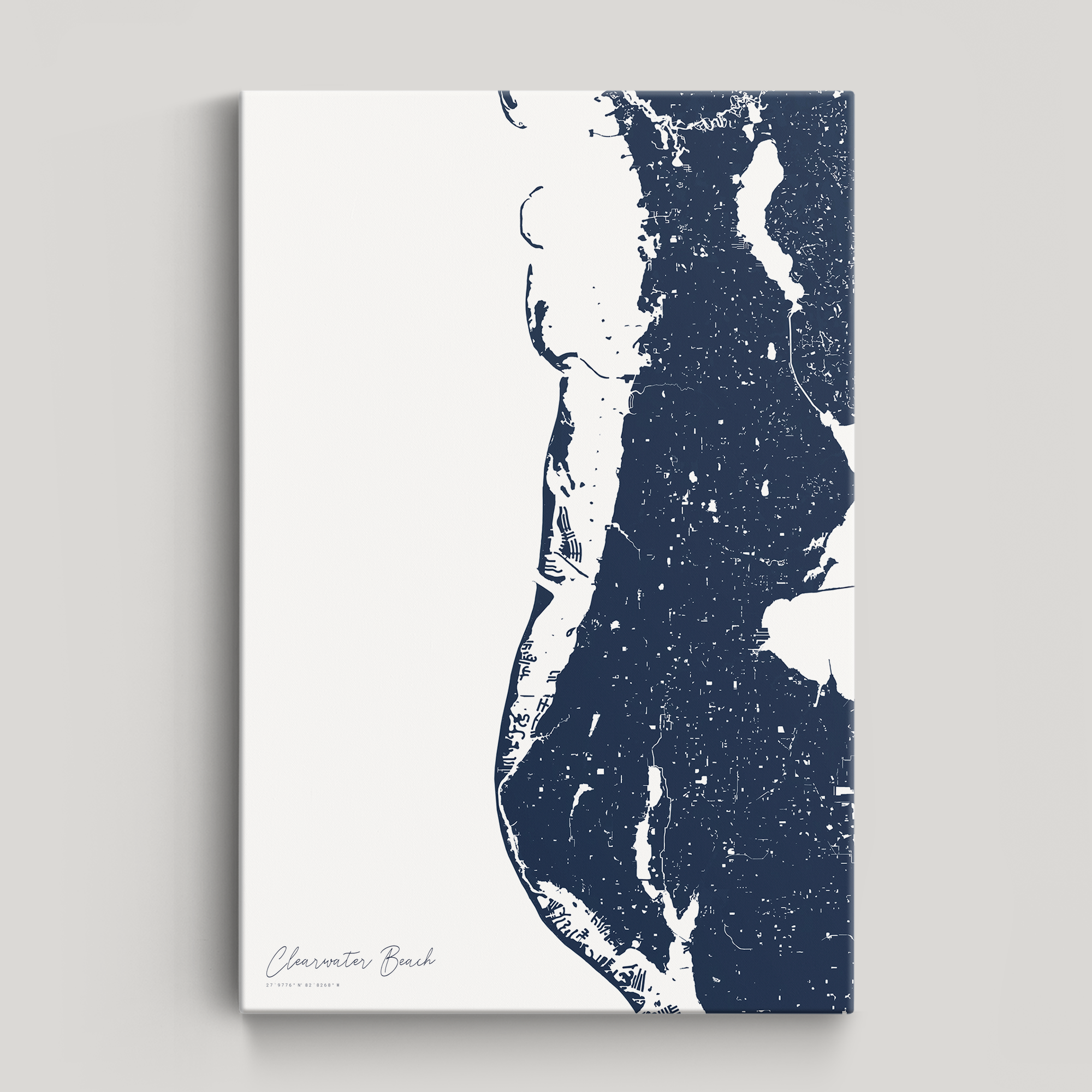 Clearwater Beach Coastal Map — Canvas Vertical, navy, No Frame
