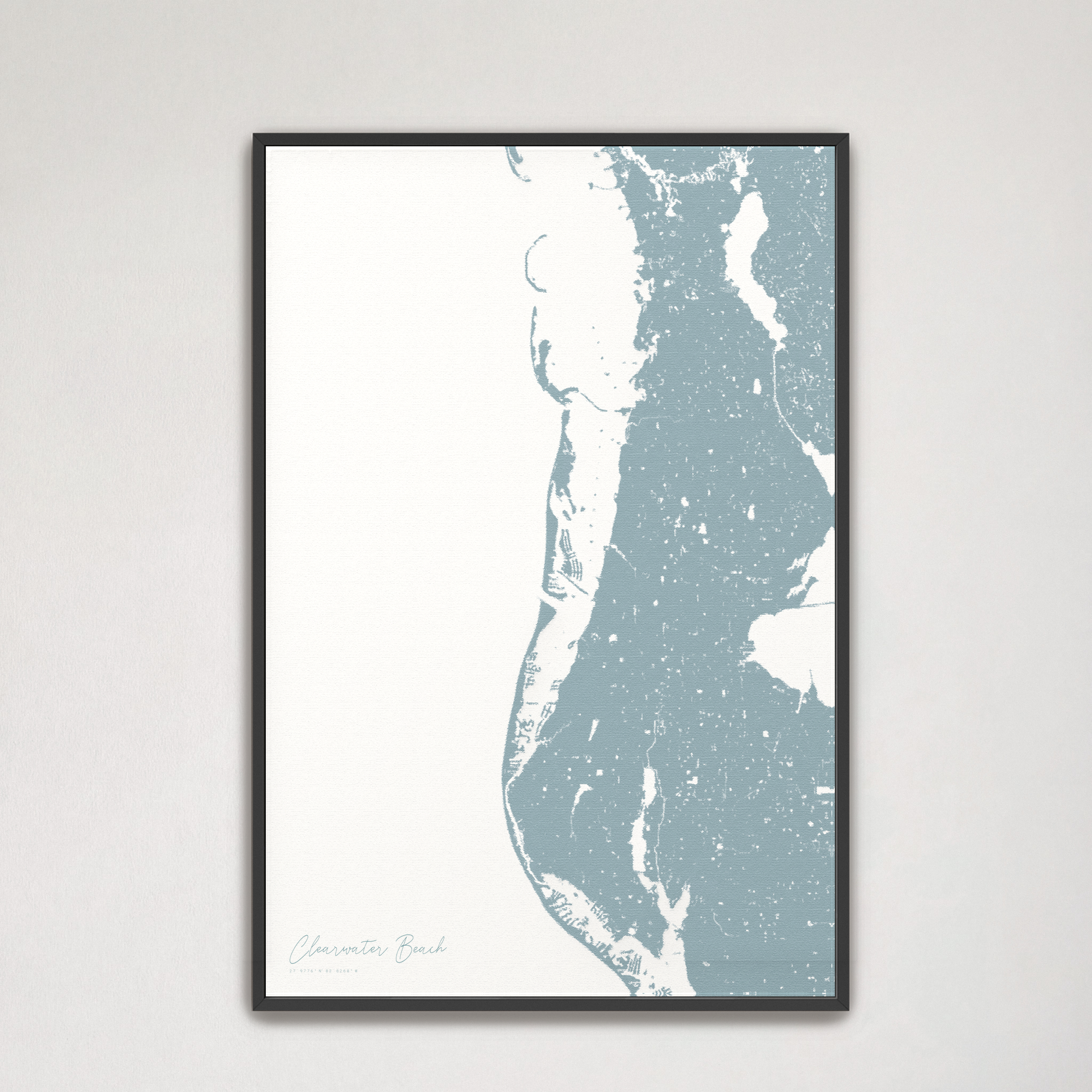 Clearwater Beach Coastal Map — Canvas Vertical, soft-blue, Black Frame
