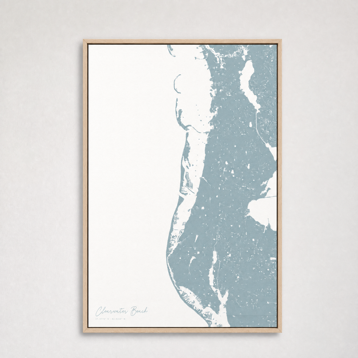 Clearwater Beach Coastal Map — Canvas Vertical — soft-blue, Light Wood