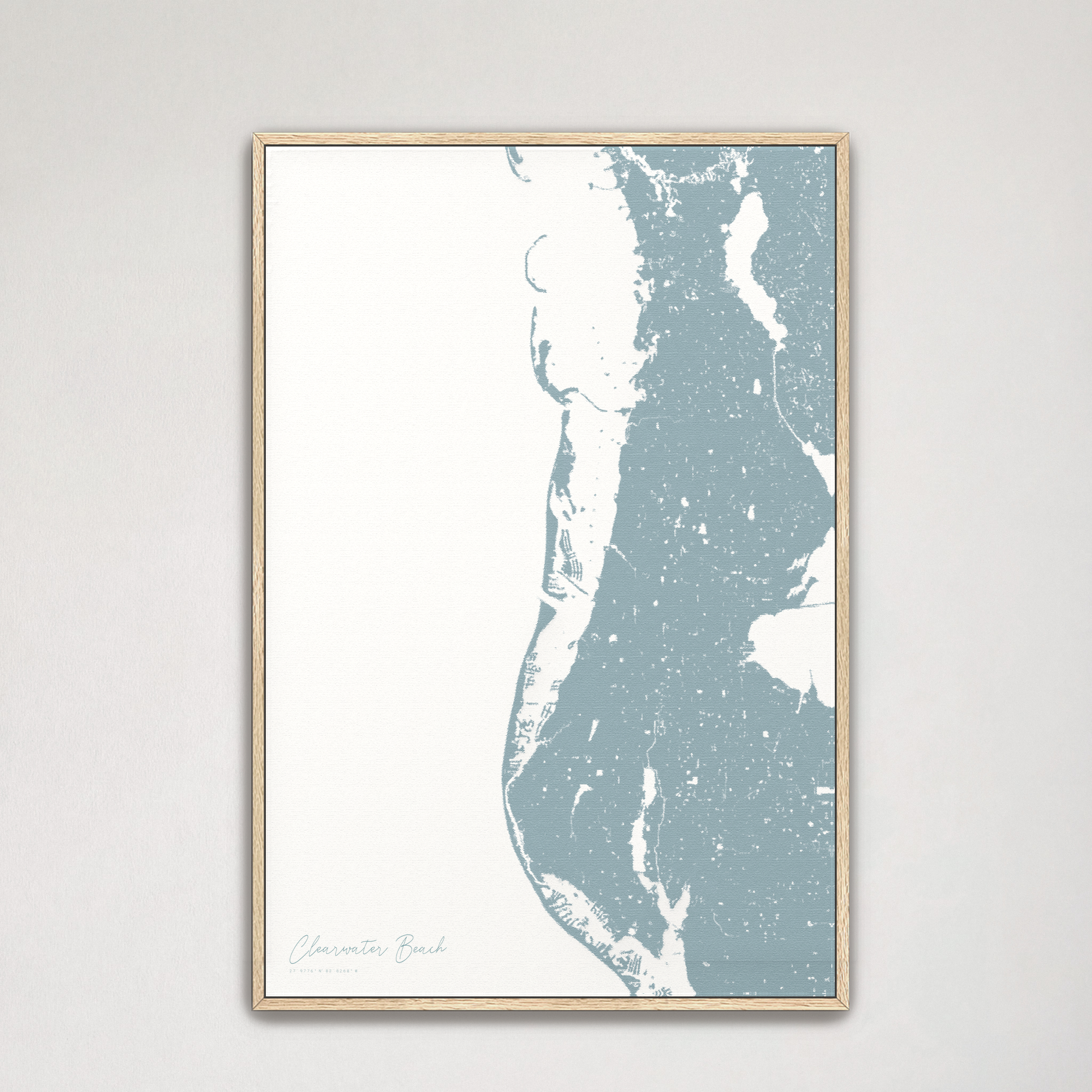 Clearwater Beach Coastal Map — Canvas Vertical, soft-blue, Natural Oak